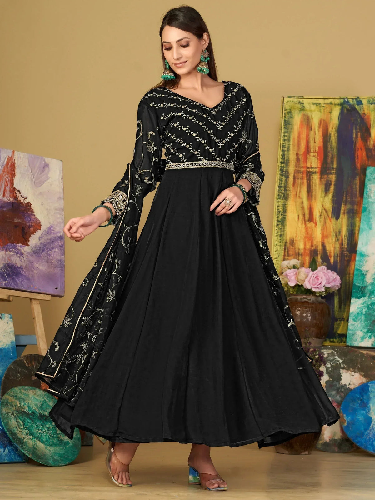 Black embroidered anarkali suit with gold detailing, perfect for Indian ethnic wear occasions