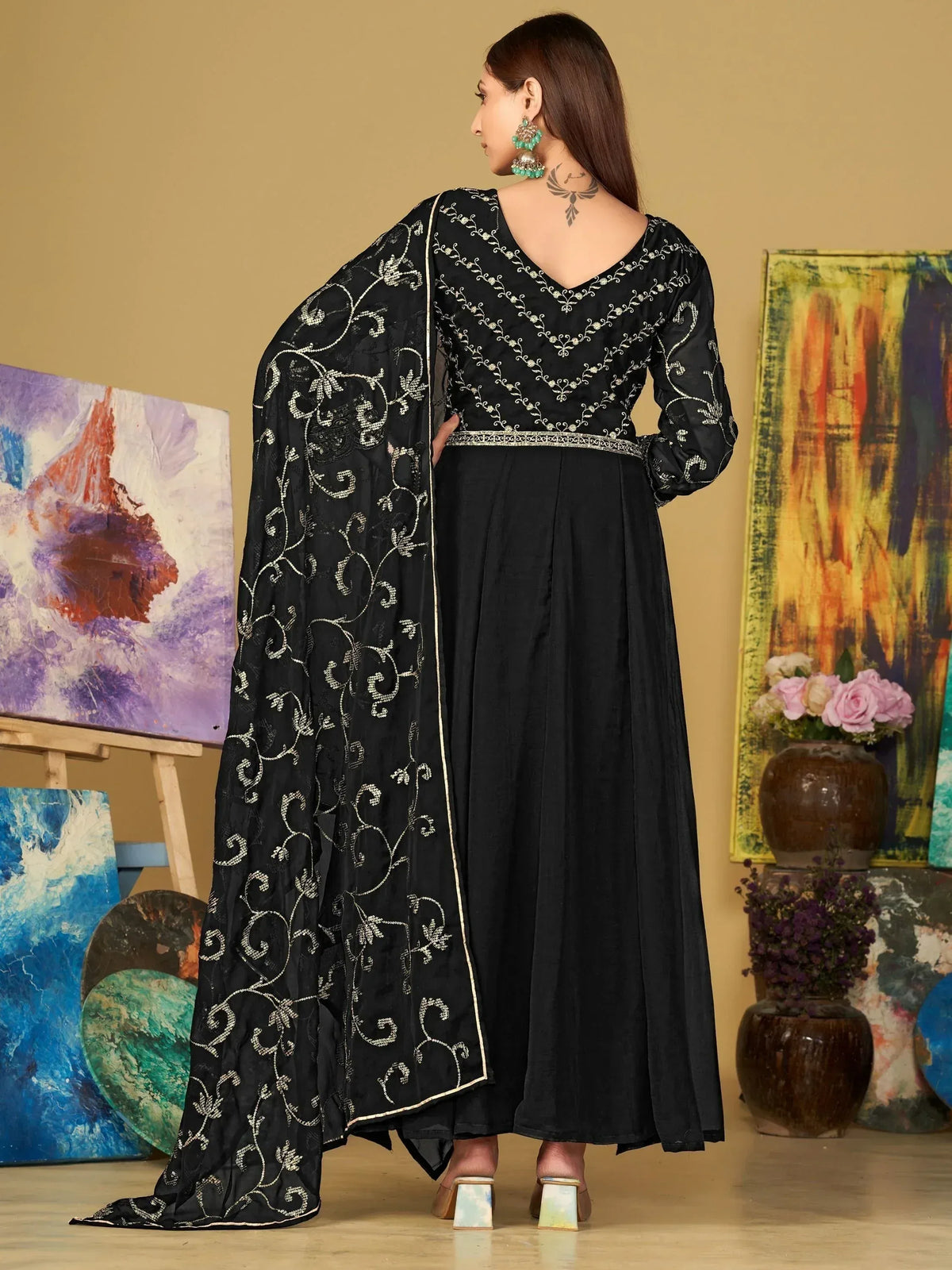 Black embroidered anarkali suit with dupatta, Indian ethnic wear for women