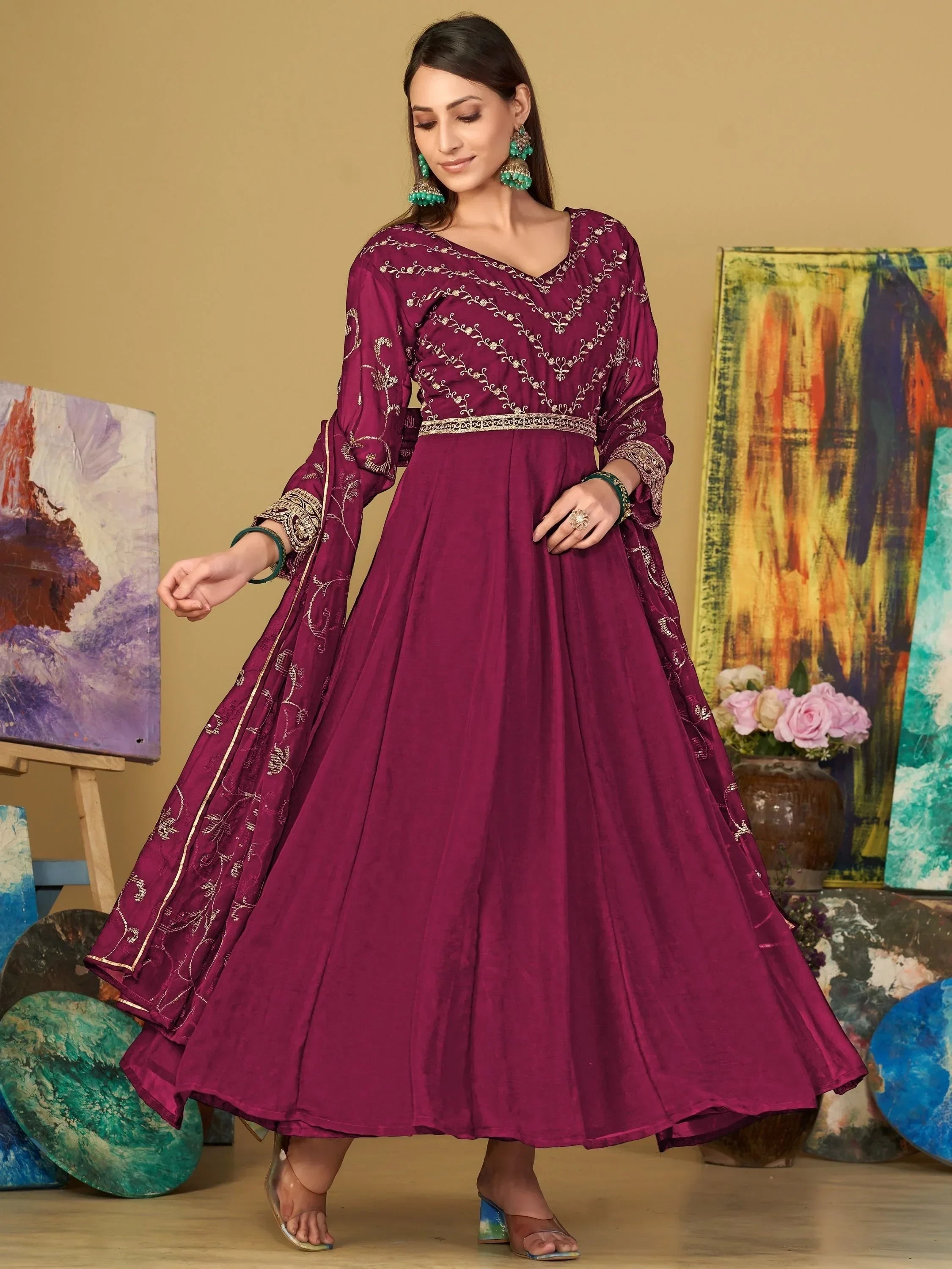 Woman in maroon embroidered anarkali gown with dupatta, Indian ethnic wear