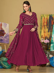 Woman in maroon embroidered ethnic gown from Ethnic Plus, stylish Indian festive wear