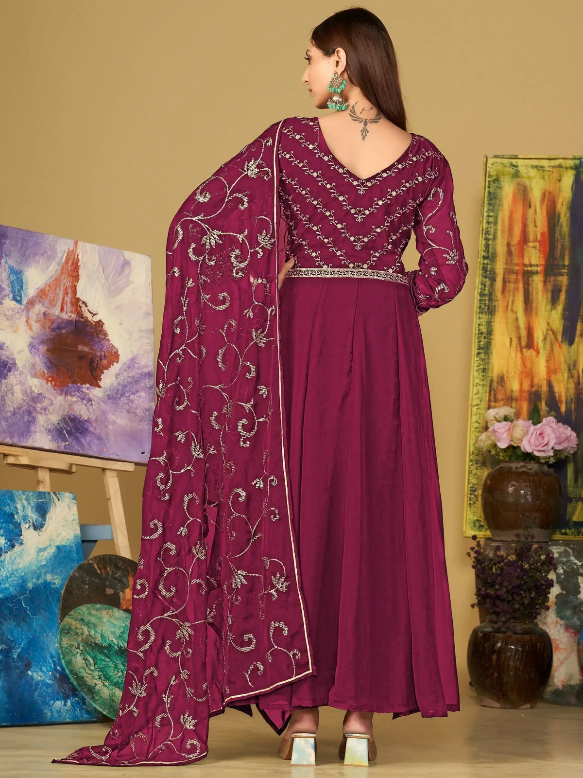 Purple embroidered salwar kameez with floral dupatta, ethnic Indian wear for women