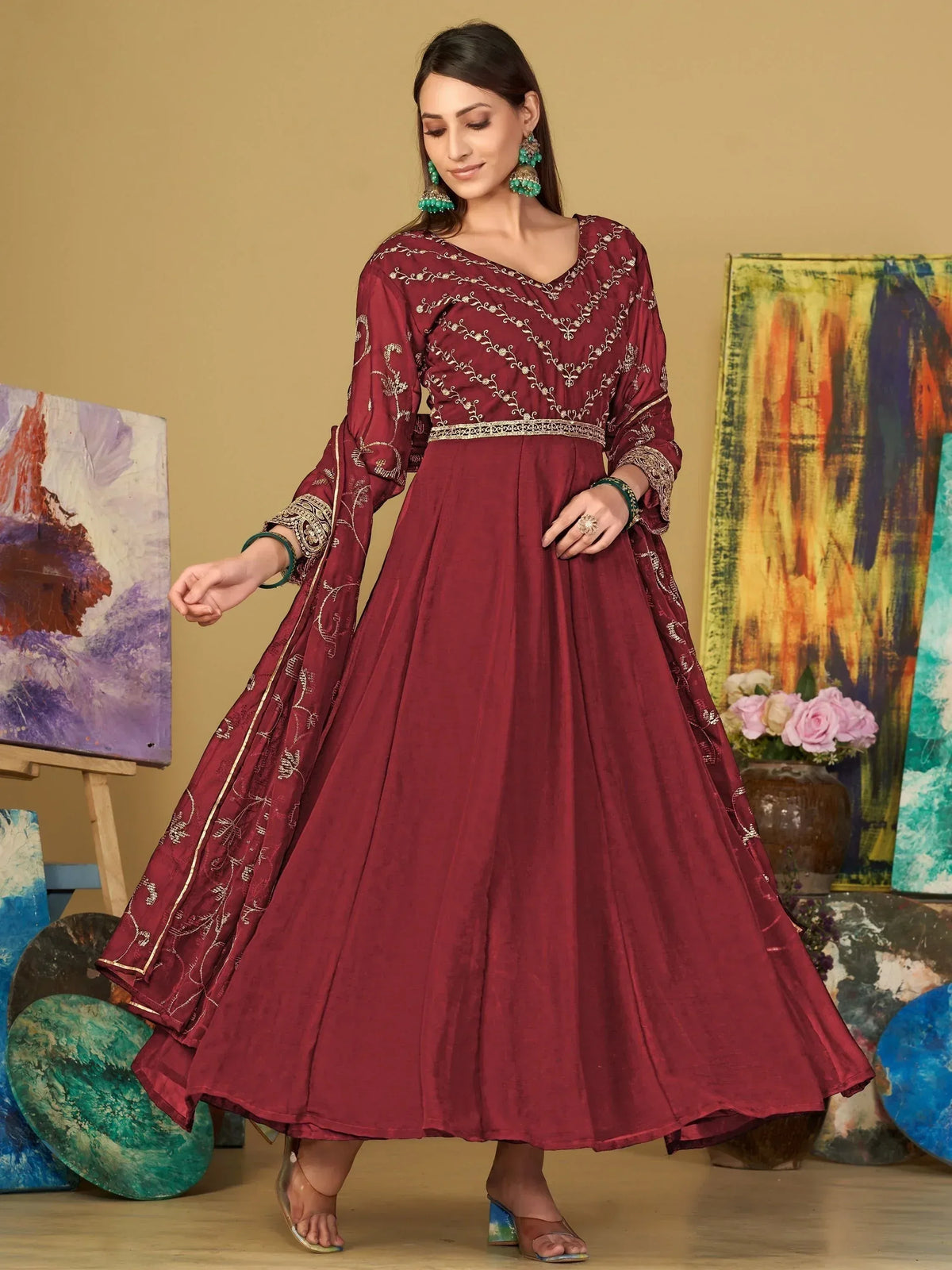 Maroon embroidered anarkali gown with flared skirt, perfect for Indian ethnic wear occasions
