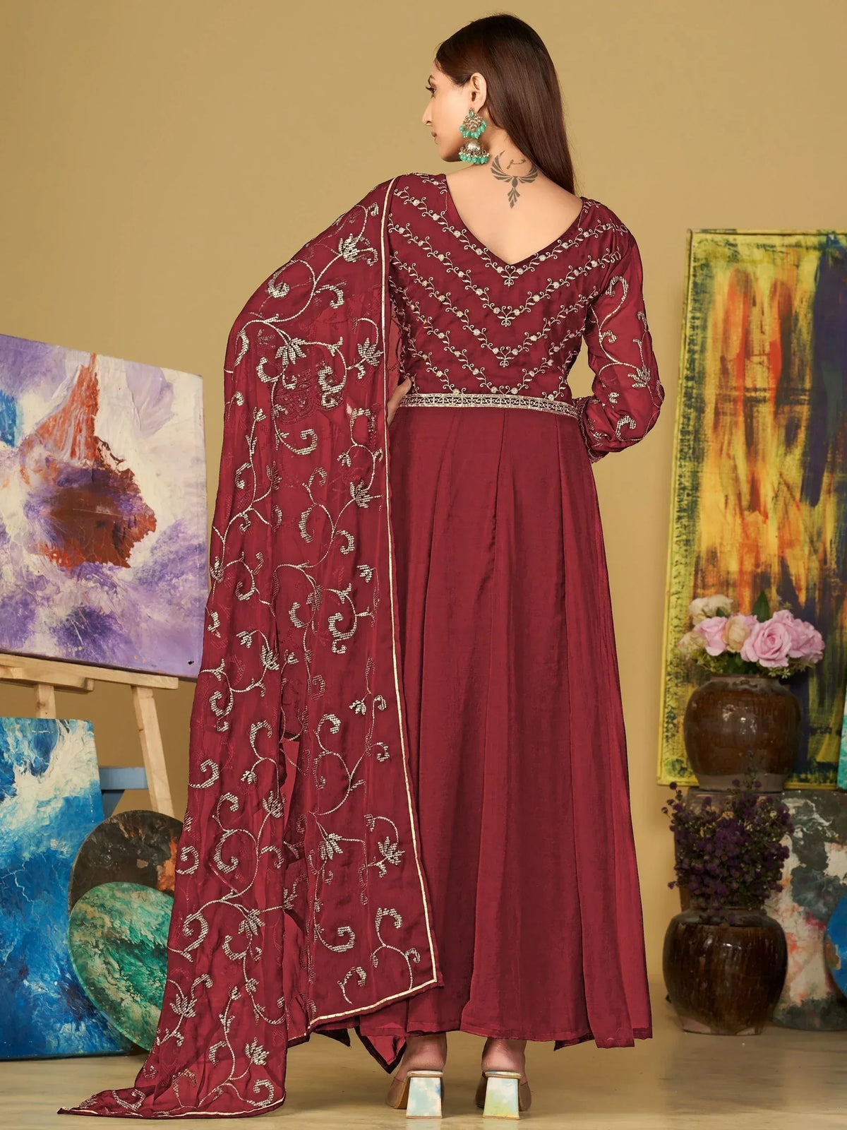 Maroon embroidered salwar kameez with floral dupatta, ethnic Indian wear for women