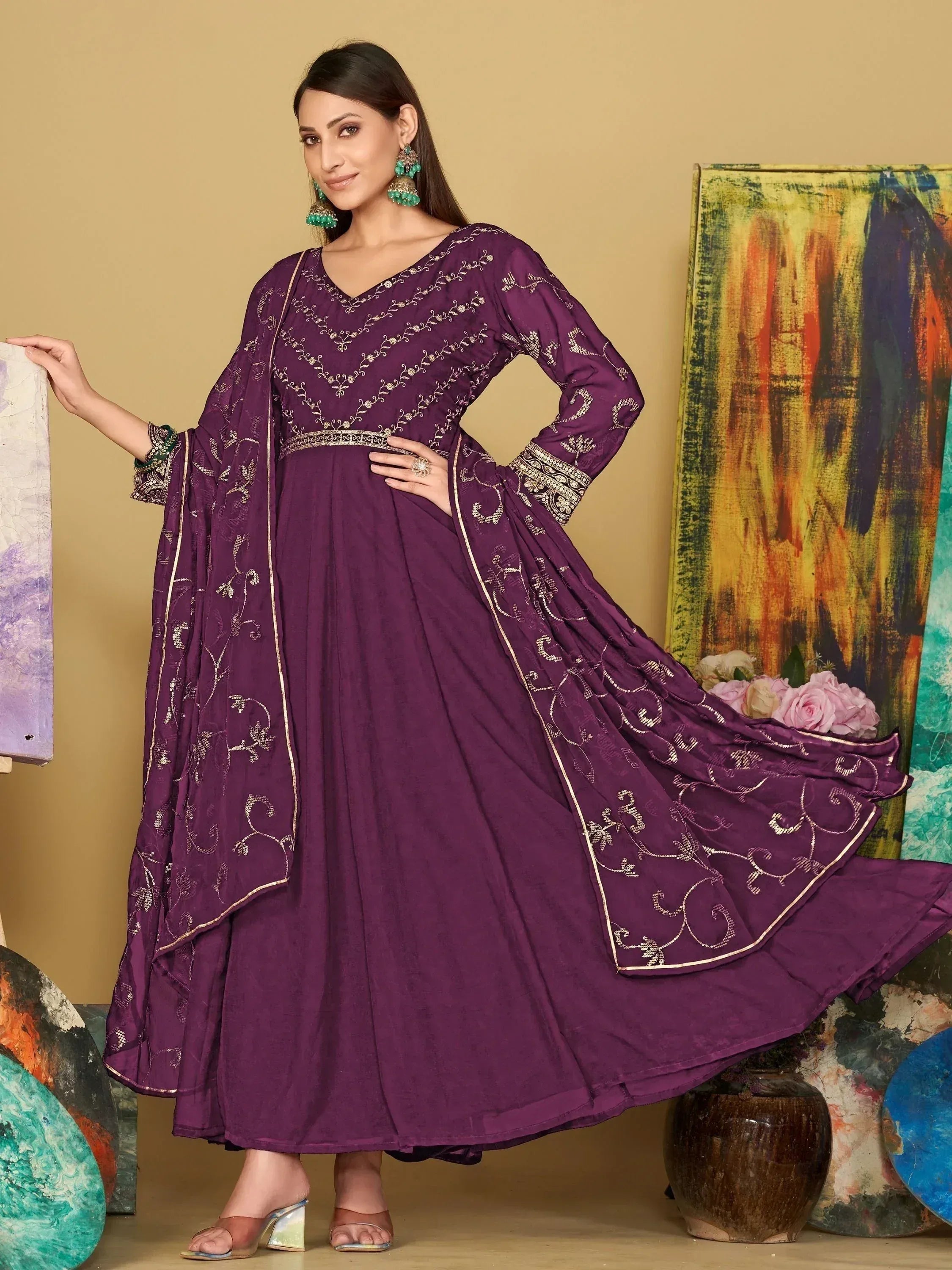 Purple embroidered anarkali suit with gold detailing, perfect for Indian ethnic wear occasions