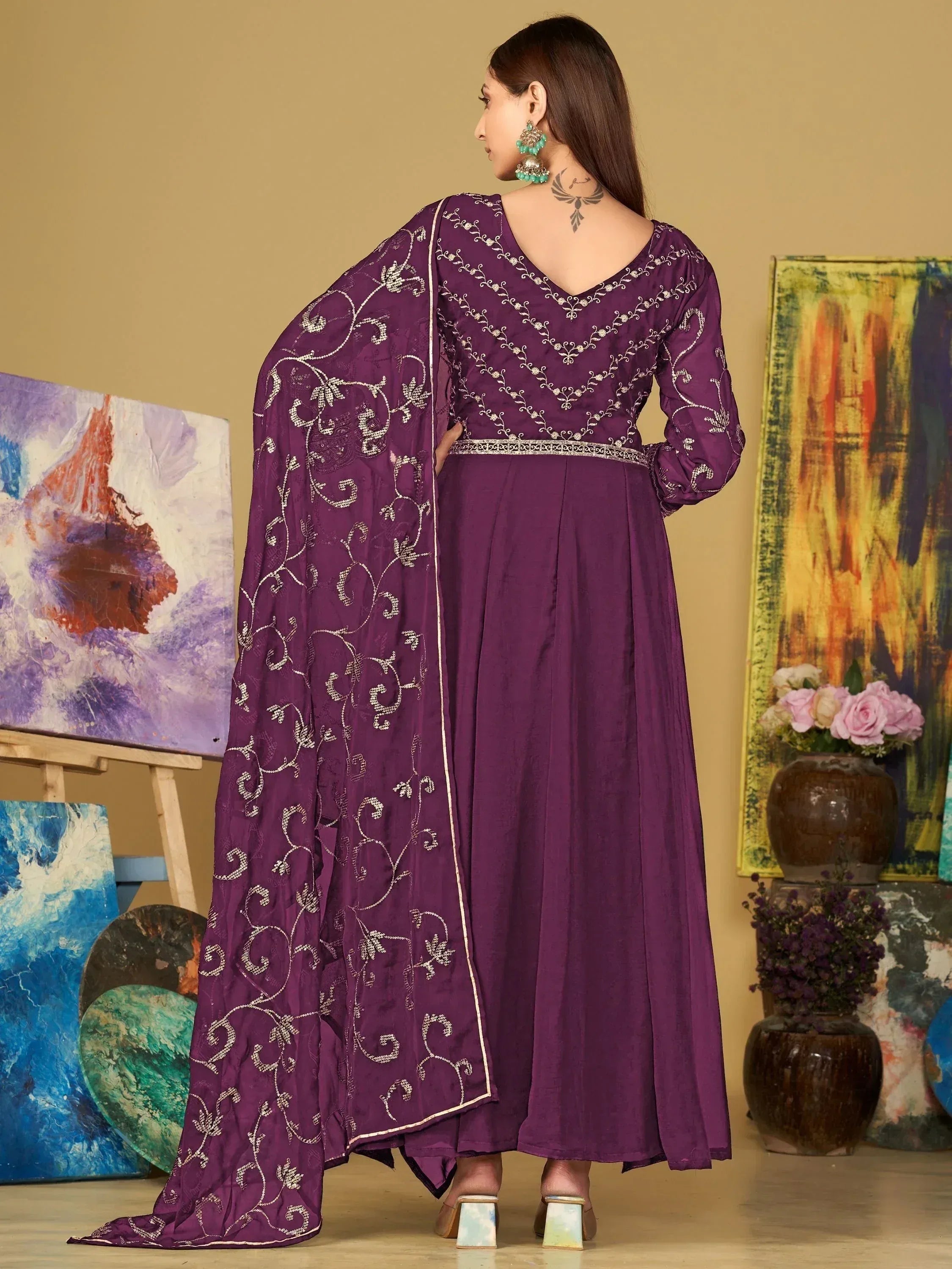 Purple embroidered salwar kameez with floral dupatta, ethnic wear for women