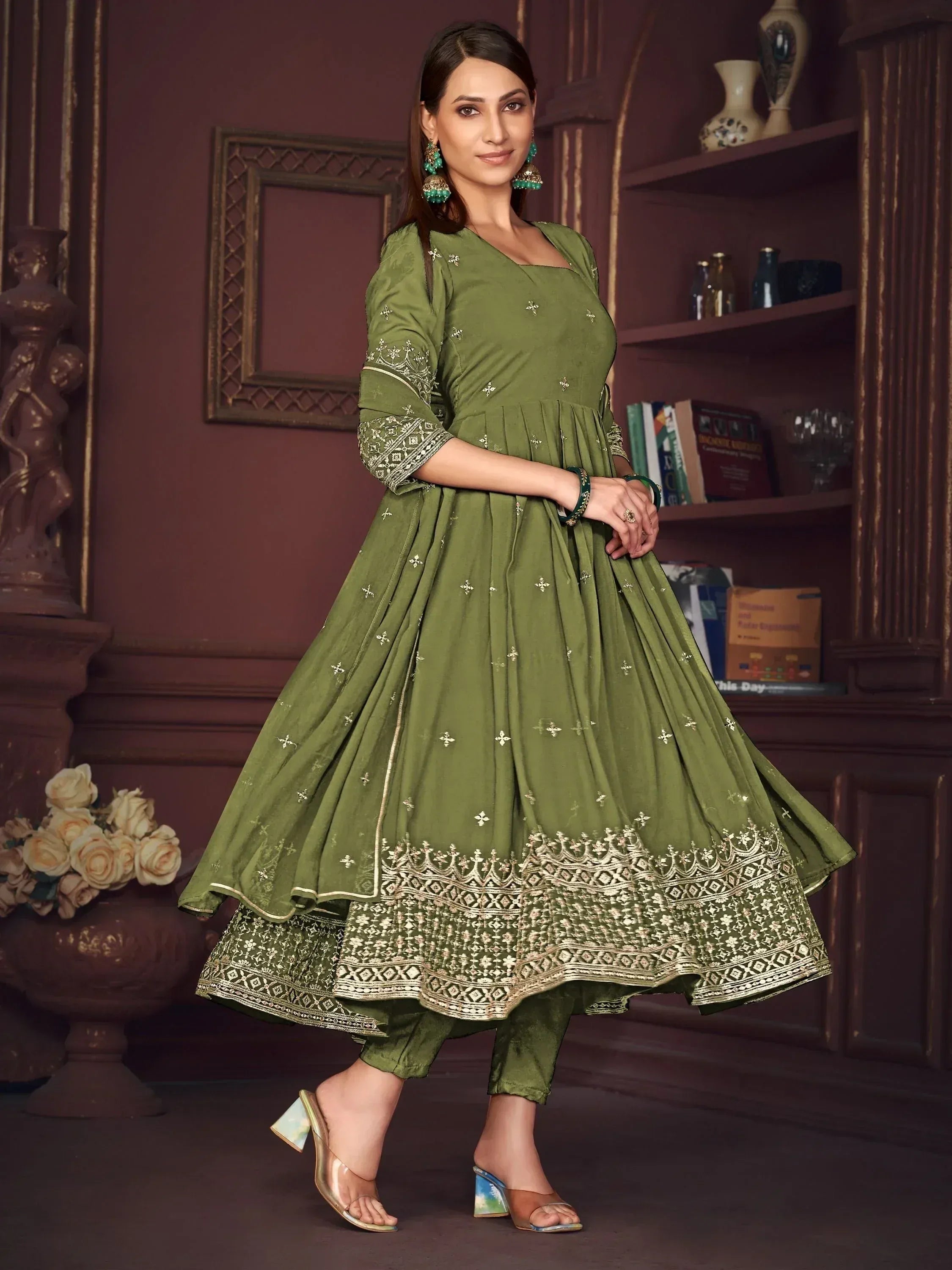 Olive green embroidered anarkali suit with gold detailing, perfect for Indian ethnic occasions