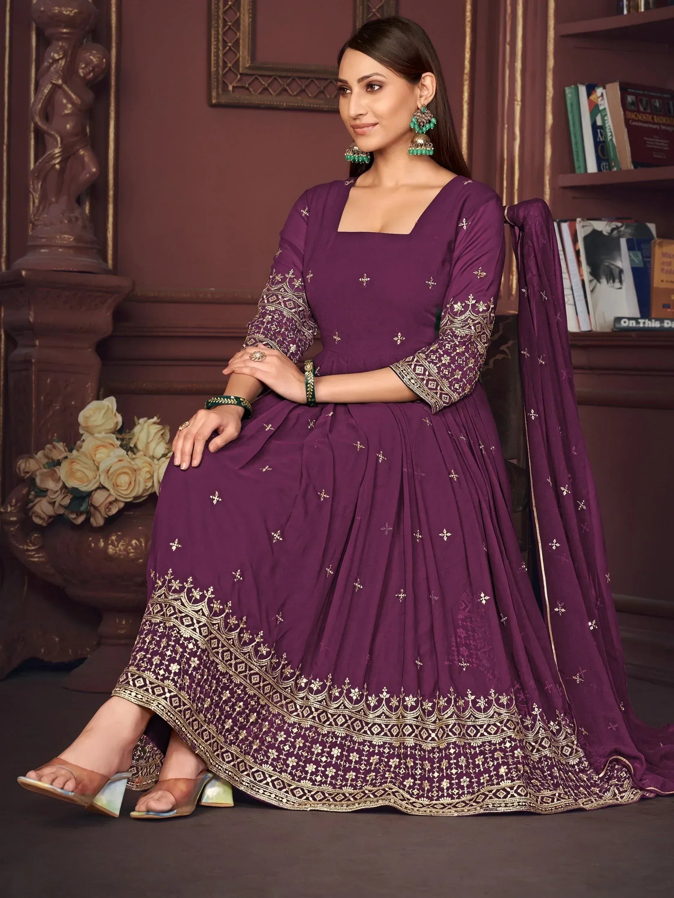 Purple embroidered anarkali suit with gold detailing, perfect for Indian ethnic wear occasions
