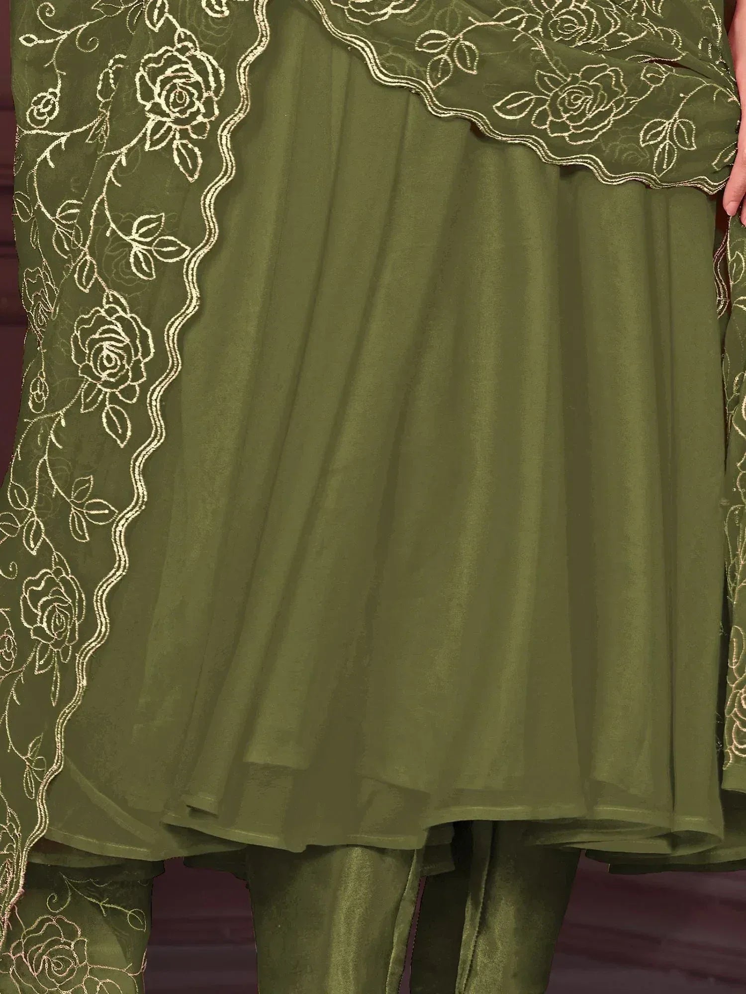 Olive green salwar kameez with gold rose embroidery, ethnic wear for women