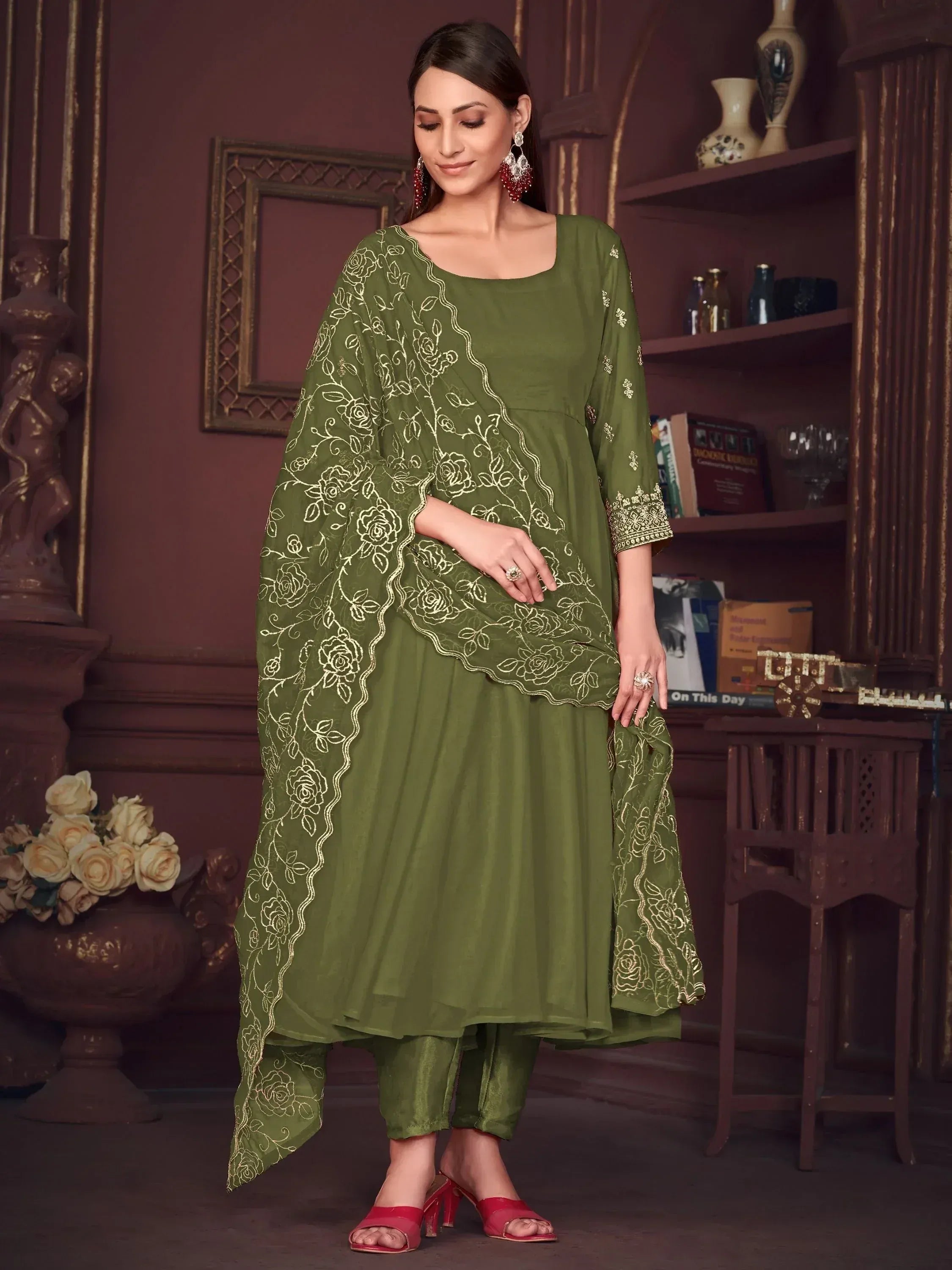 Olive green embroidered salwar kameez with floral dupatta, ethnic Indian wear for women