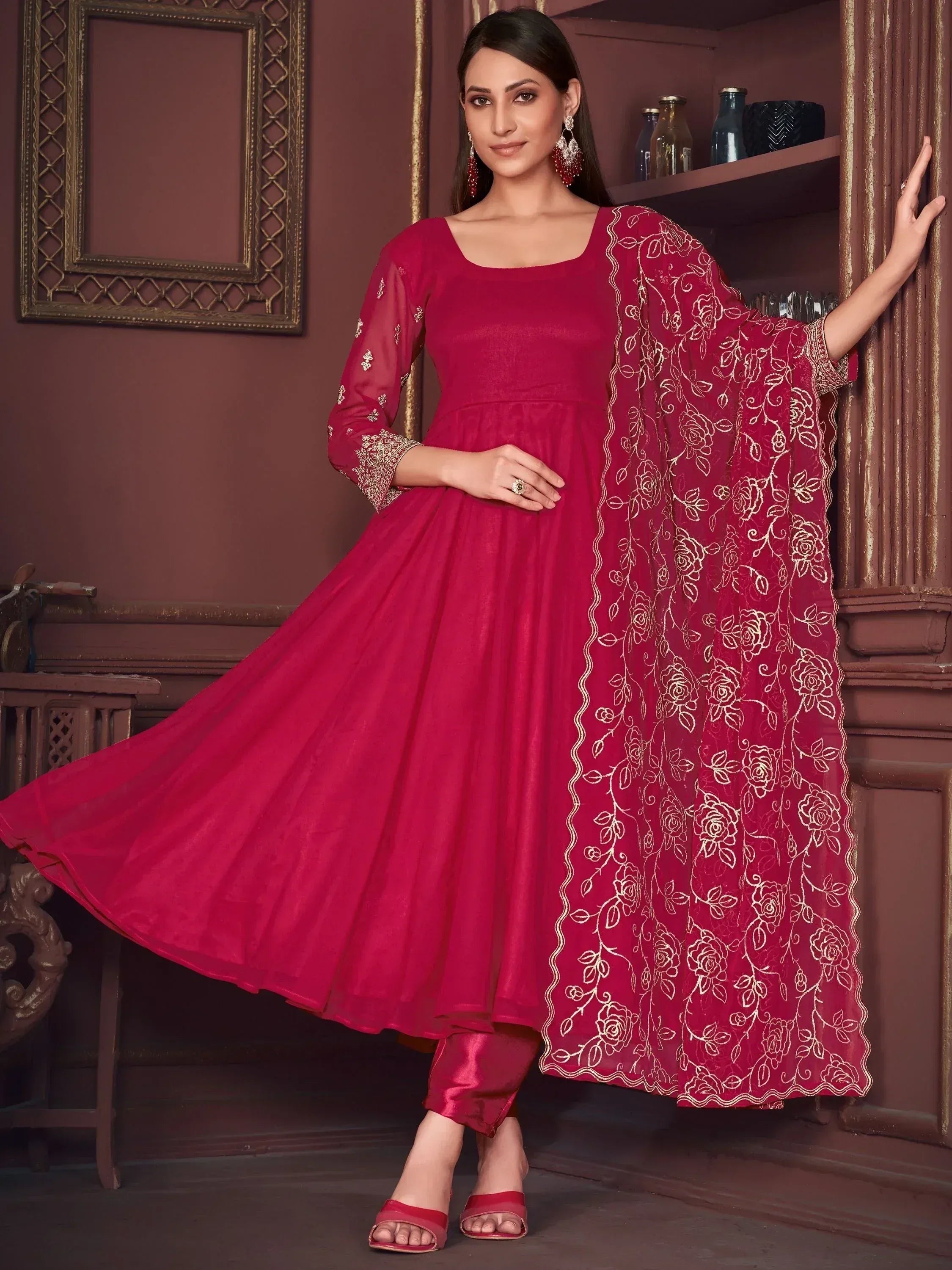 Red ethnic anarkali suit with gold floral embroidery and matching dupatta for women