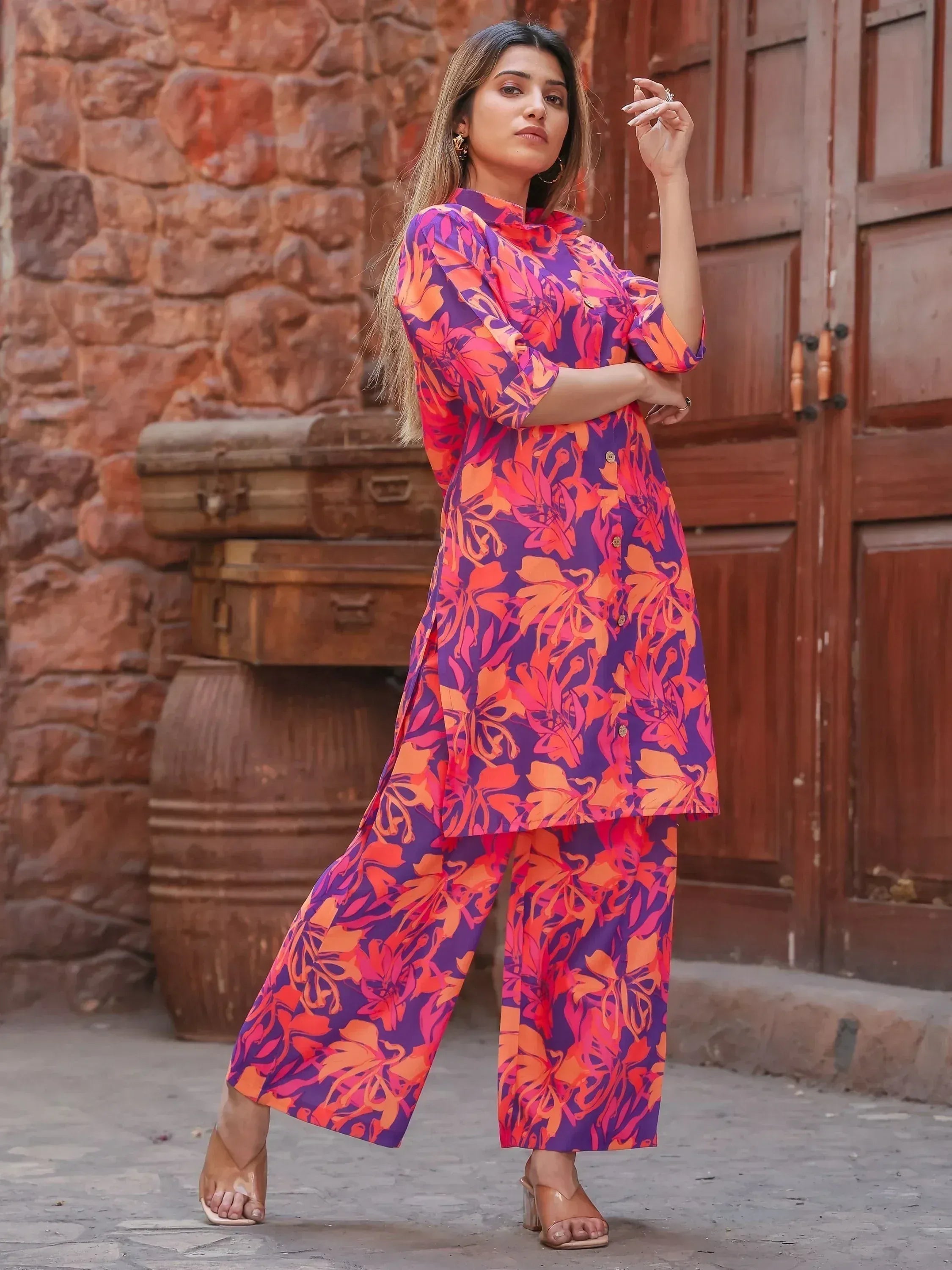 Vibrant floral print Indian kurta set with wide pants, perfect for ethnic wear occasions