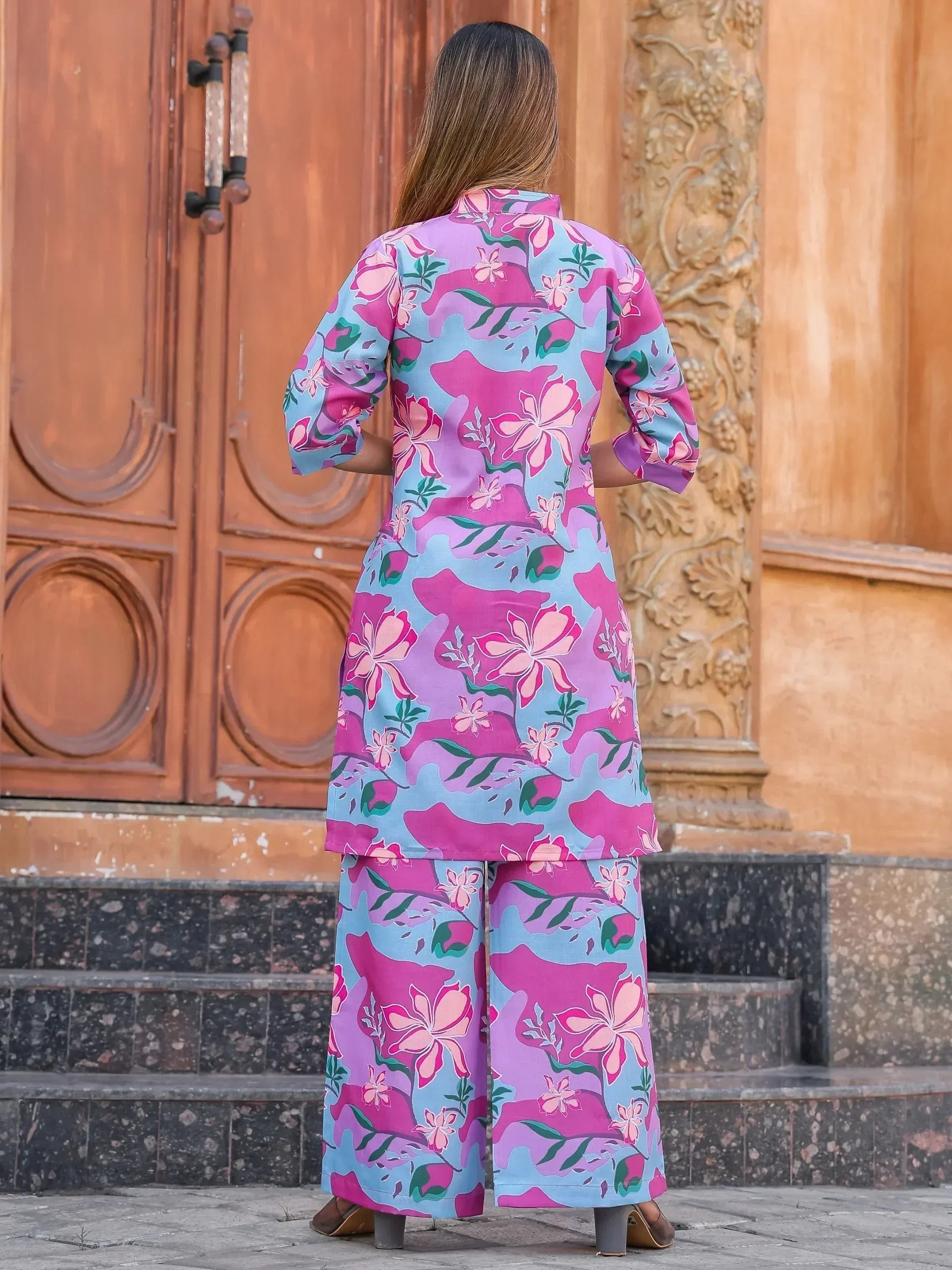 Floral print ethnic kurta with palazzo pants, vibrant pink and blue design, traditional Indian wear