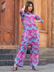 Lovely Sky-Blue & Pink Digital Printed Cotton Top Palazzo Co-Ord Set