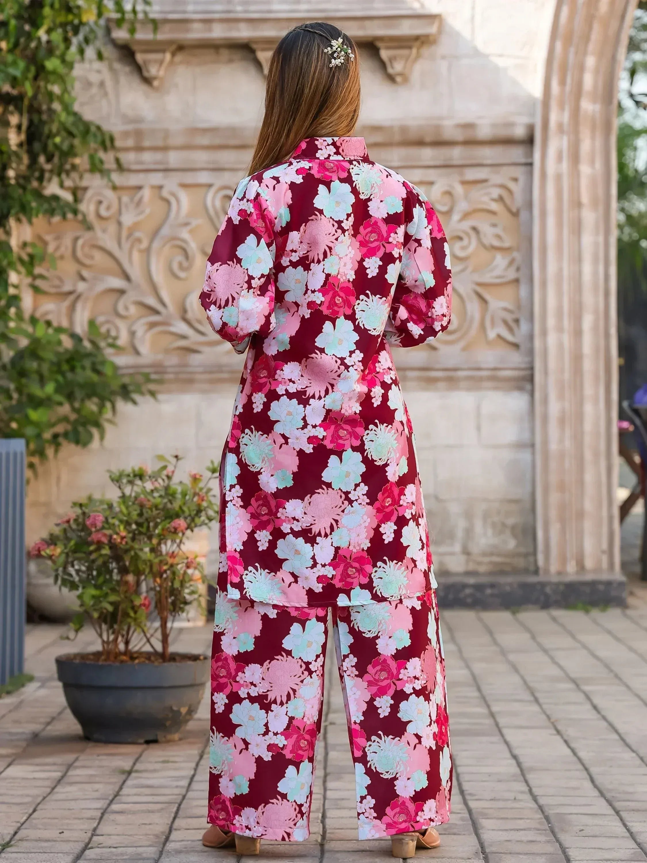 Floral print ethnic kurta set with wide pants, perfect for Indian occasions and festive wear
