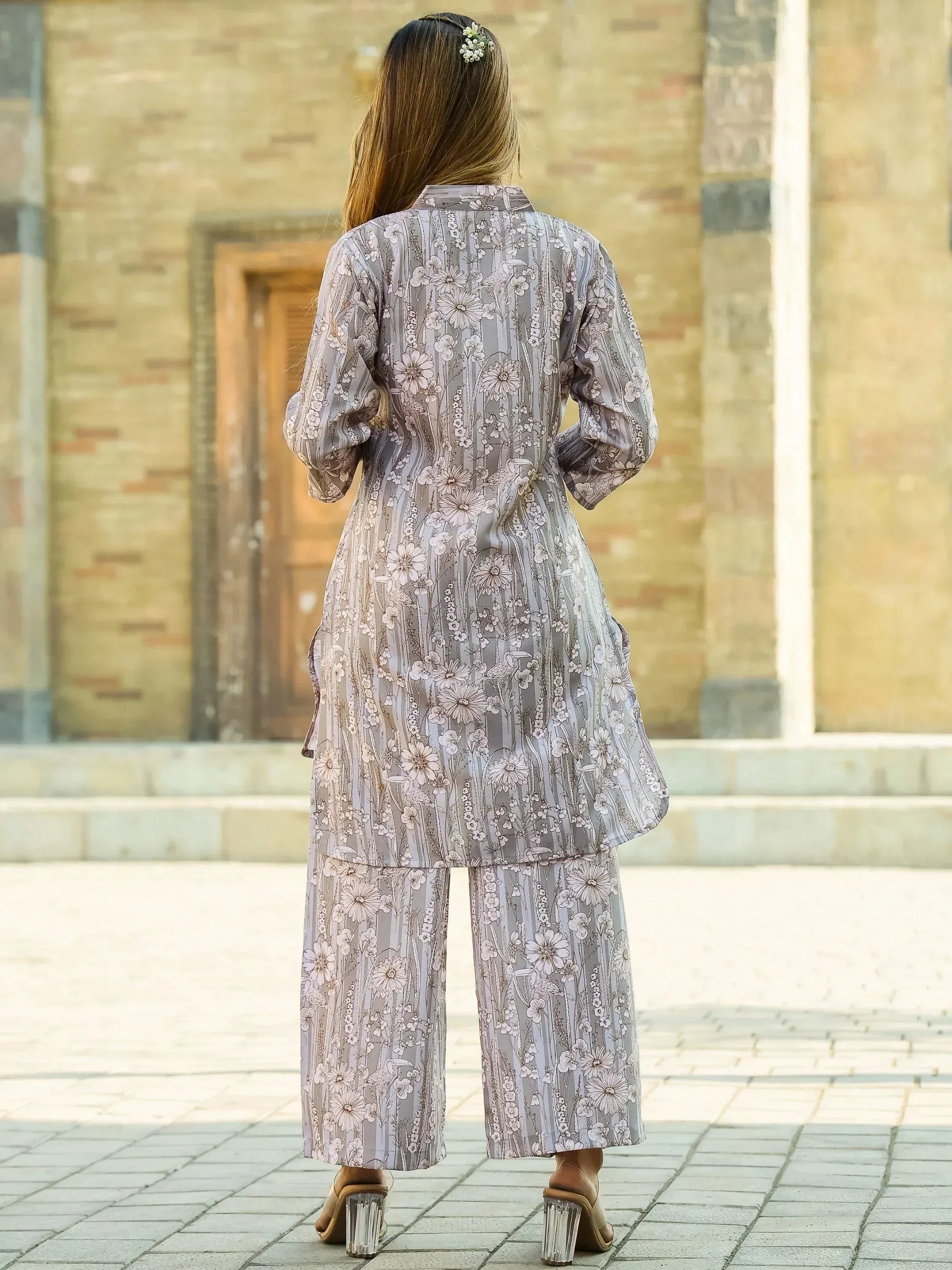 Floral print ethnic kurta set with wide pants, perfect for Indian wear occasions.