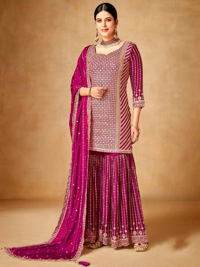 Charming Pink Sequins Chinon Wedding Wear Sharara Suit With Dupatta