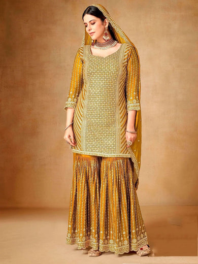 Fascinating Mustard Yellow Sequins Chinon Sharara Suit With Dupatta