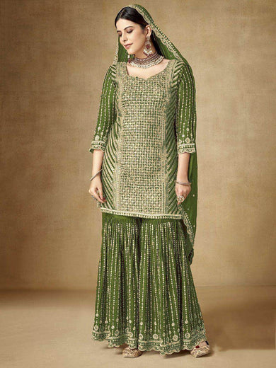 Mesmerizing Green Sequins Chinon Sharara Suit With Dupattta