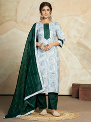 Beautiful White & Green Digital Printed Cotton Pant Suit With Dupatta