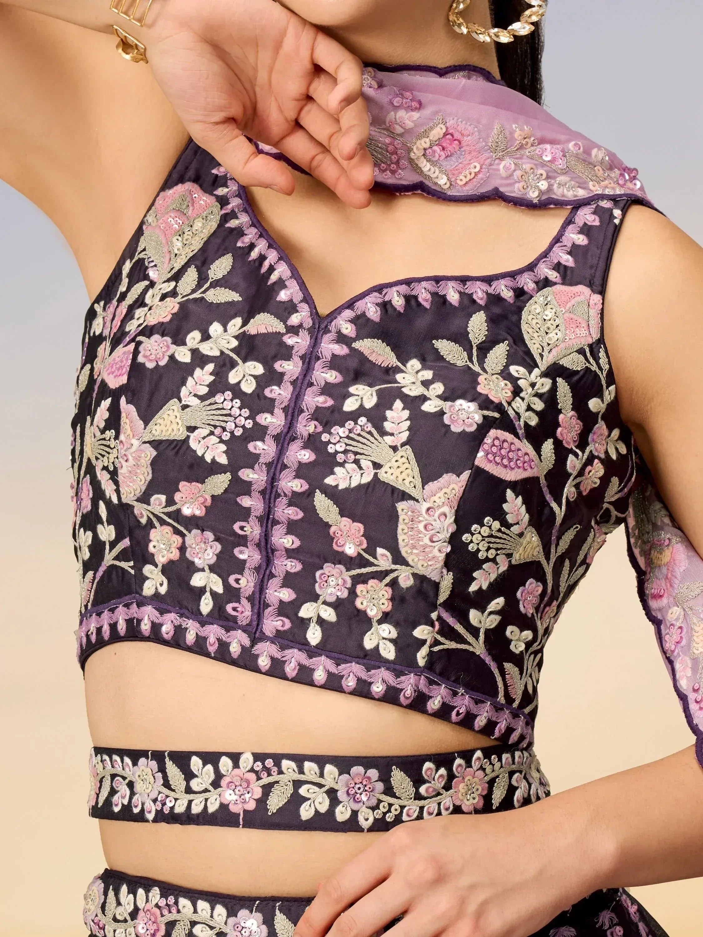 Purple floral embroidered lehenga choli with sequin detailing and sheer dupatta, Indian ethnic wear