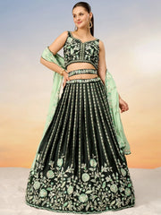 Stunning Green Embroidered Satin Mehendi Wear Lehenga Choli