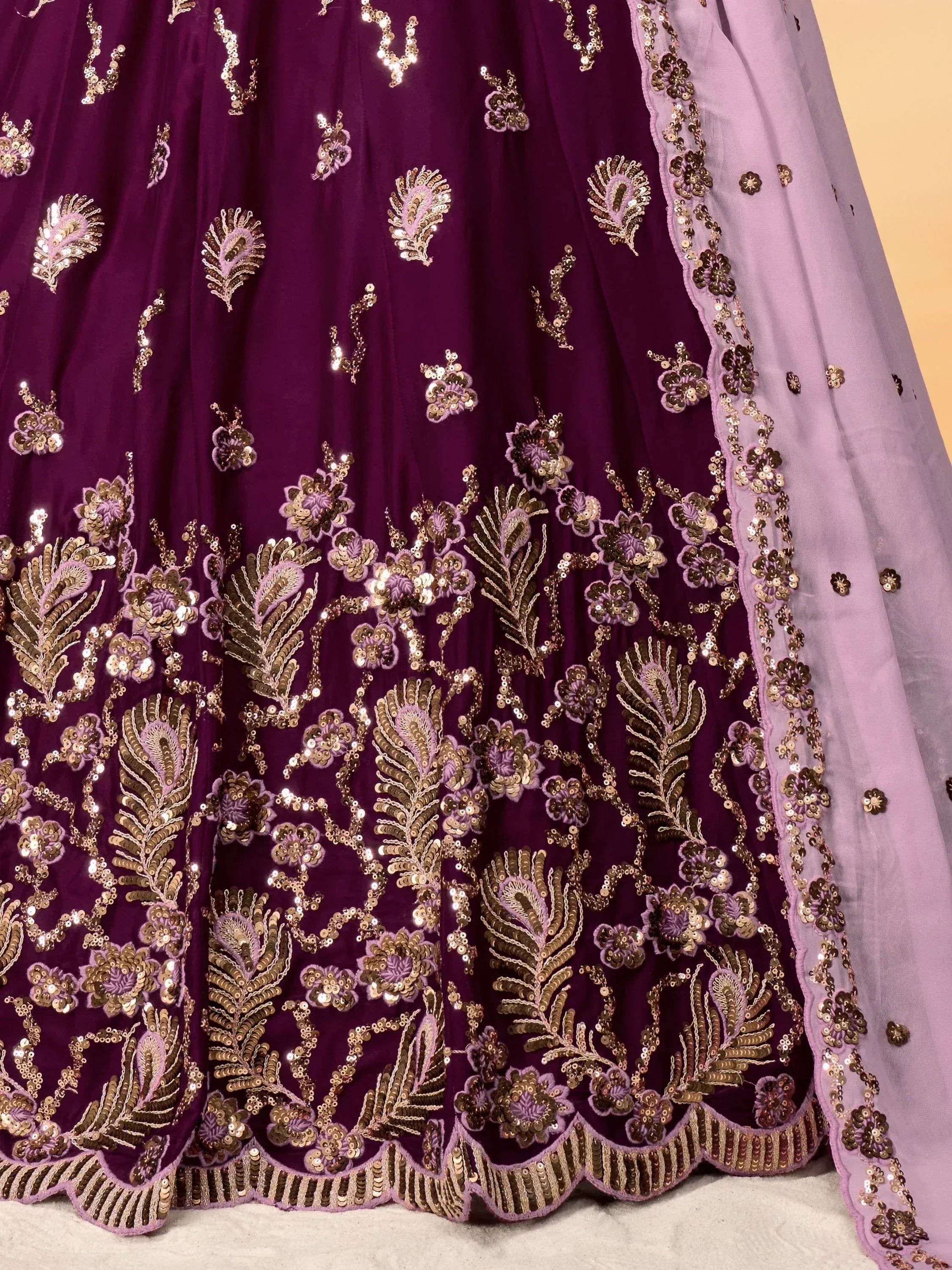 Purple velvet lehenga with gold sequin floral embroidery and matching dupatta, Indian ethnic wear