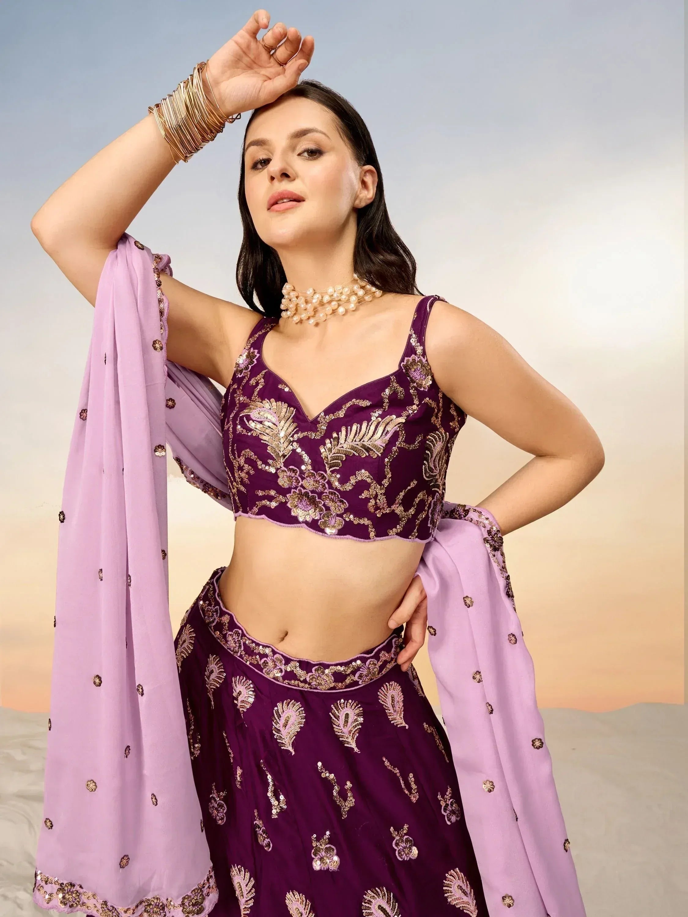 Purple embroidered lehenga choli with matching dupatta, perfect for Indian ethnic wear events