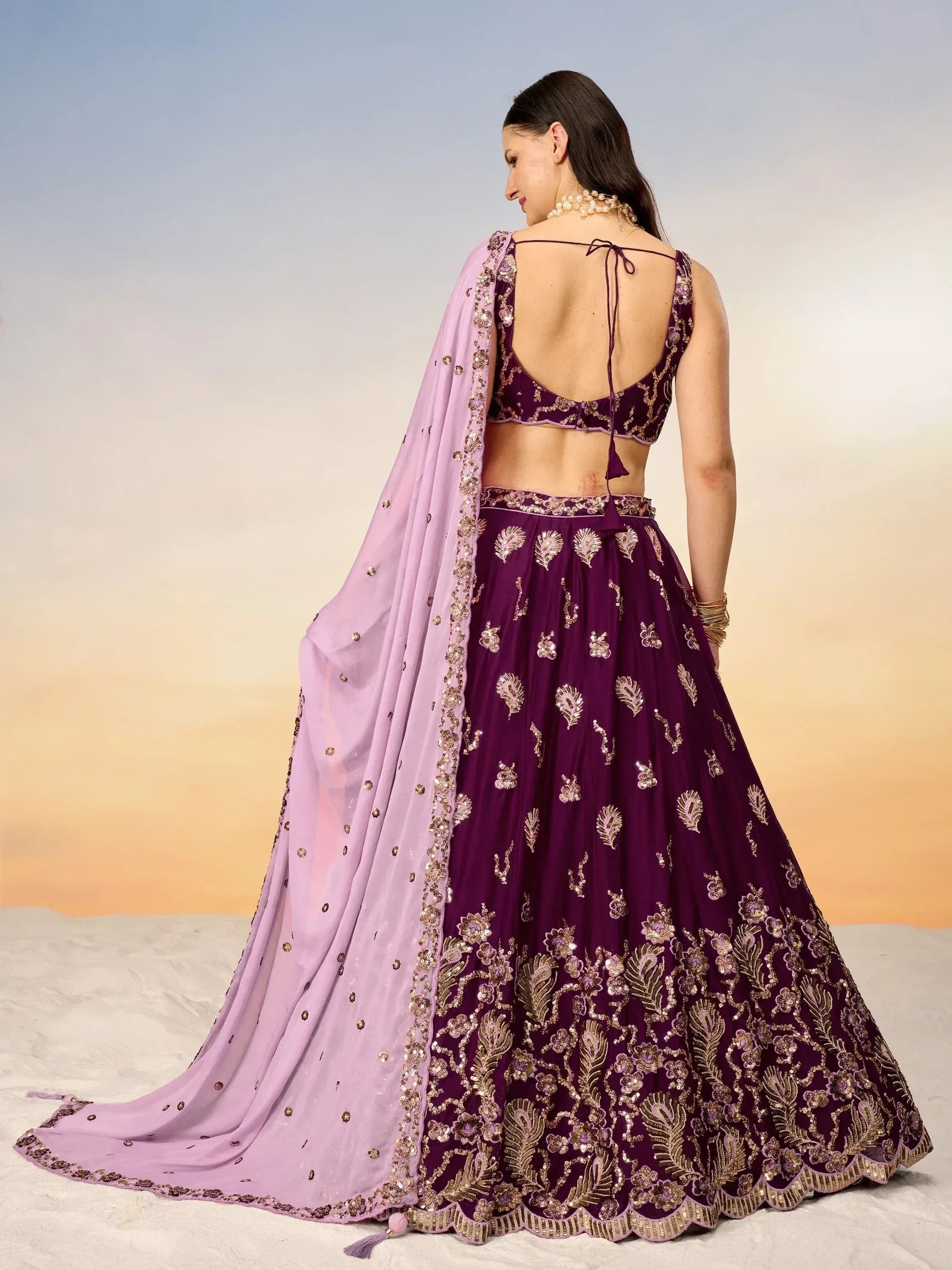 Purple embroidered lehenga choli with backless blouse and pink dupatta, Indian ethnic wear