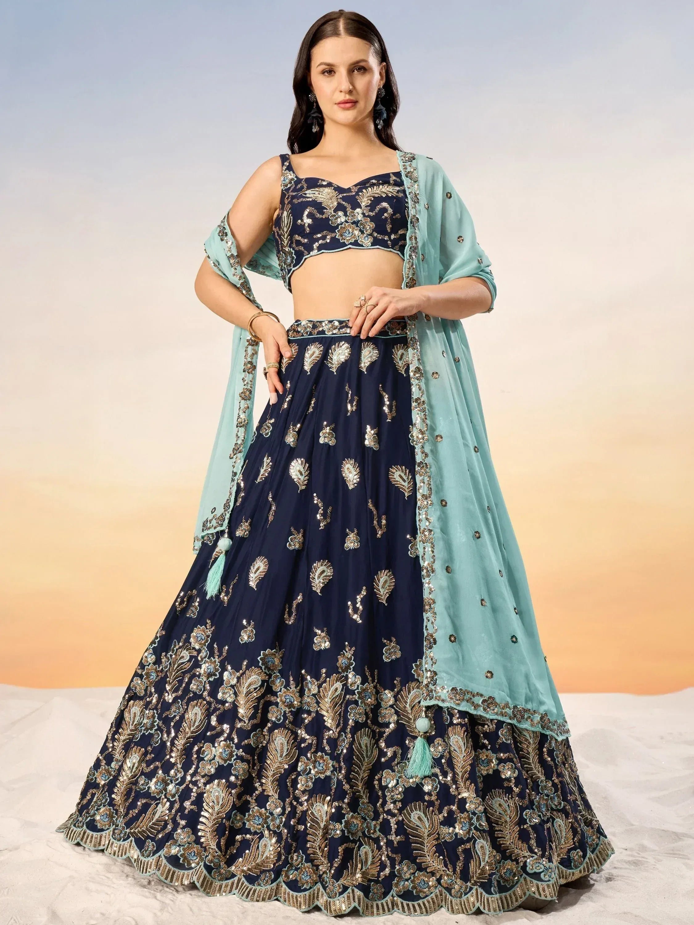 Navy blue embroidered lehenga choli with mint dupatta, Indian ethnic wear for weddings and parties
