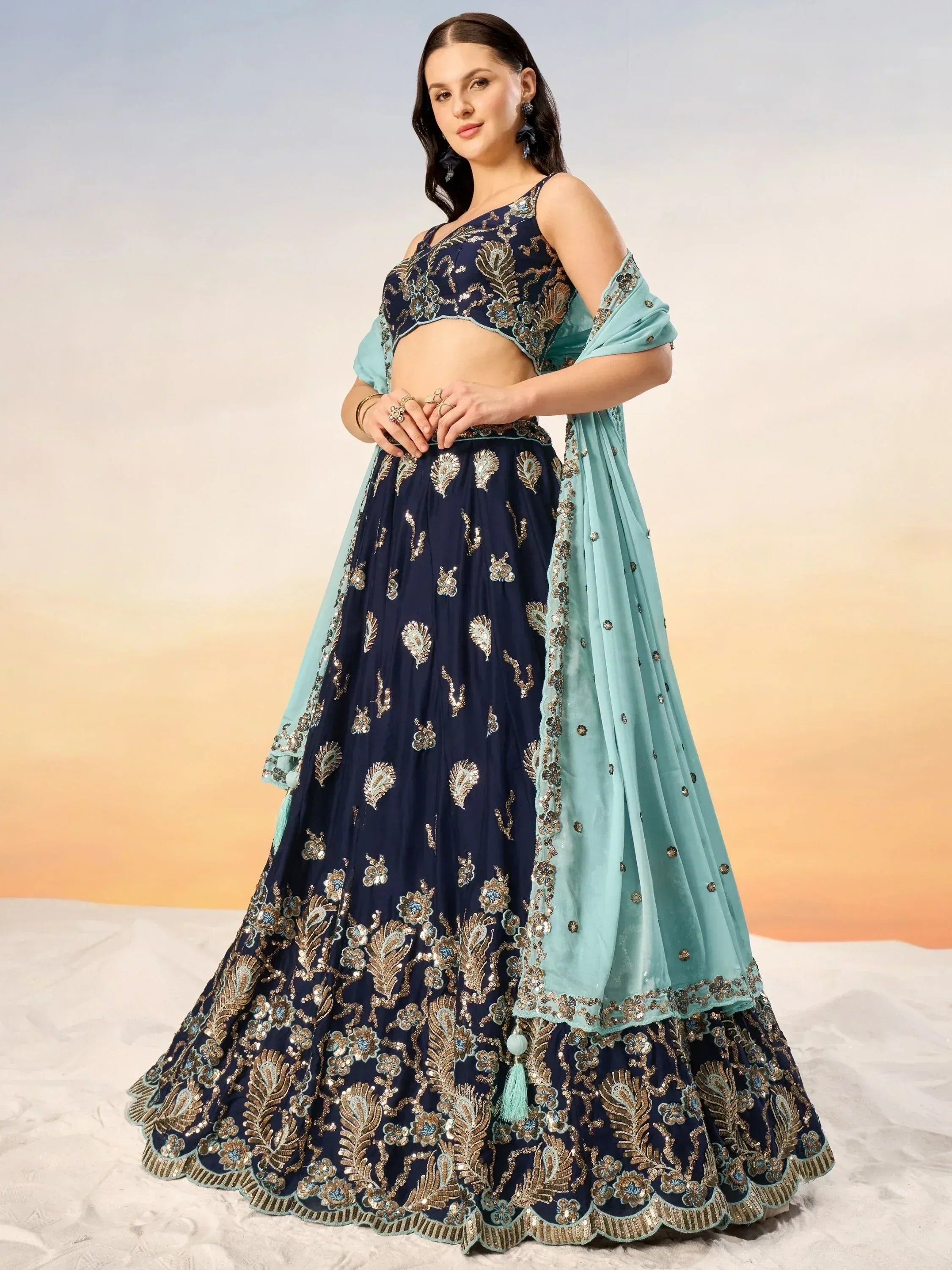 Navy blue embroidered lehenga choli with mint dupatta, Indian ethnic wear for weddings and parties