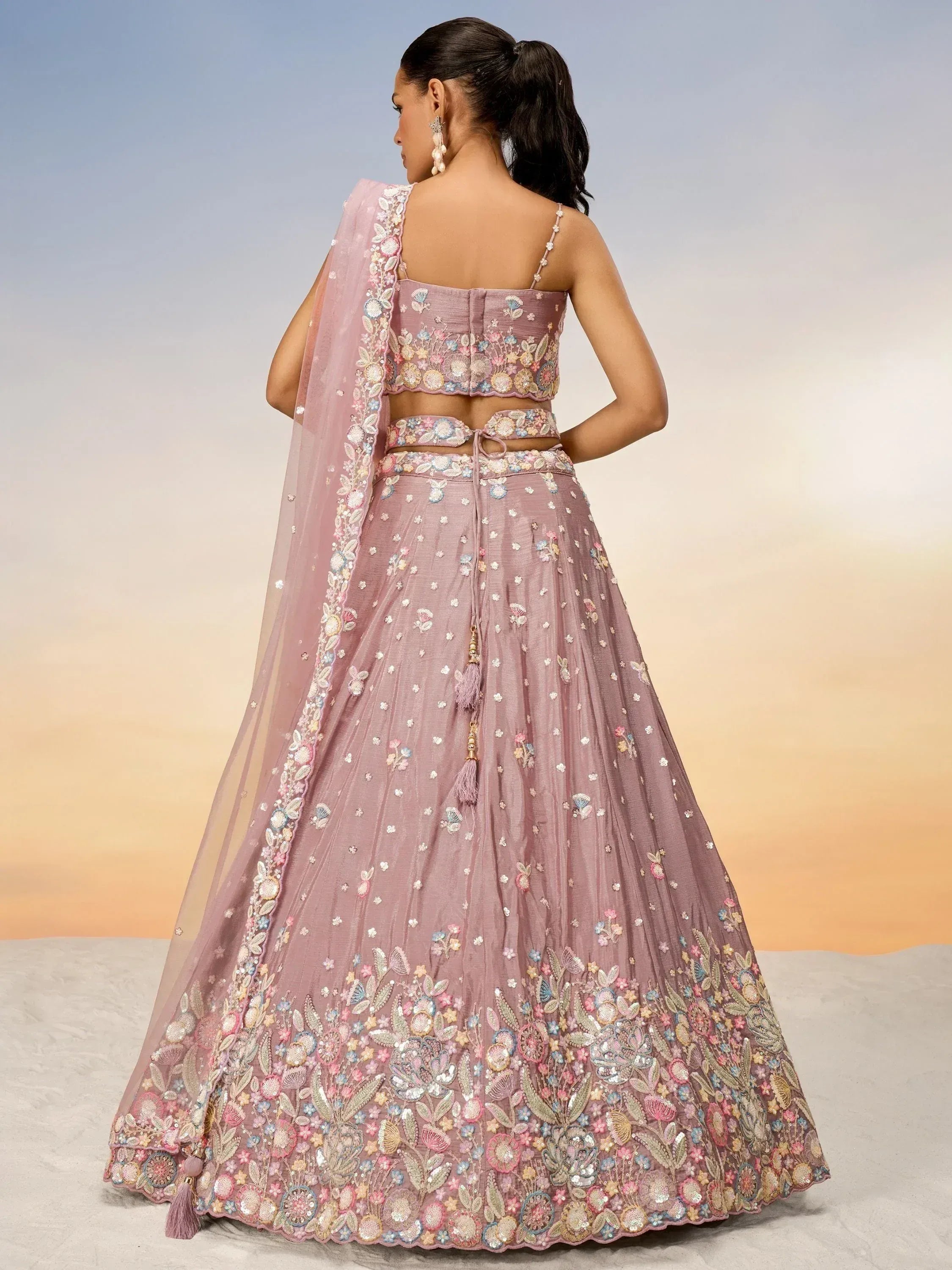 Pink floral embroidered lehenga choli with dupatta, designer Indian ethnic wear for weddings
