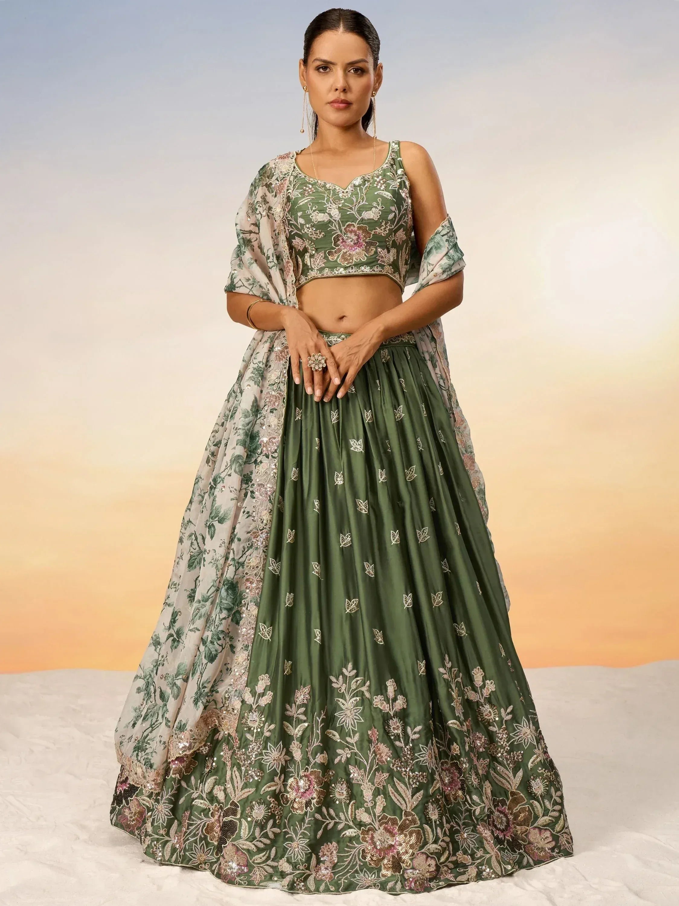 Elegant green embroidered lehenga choli with floral dupatta for Indian ethnic wear