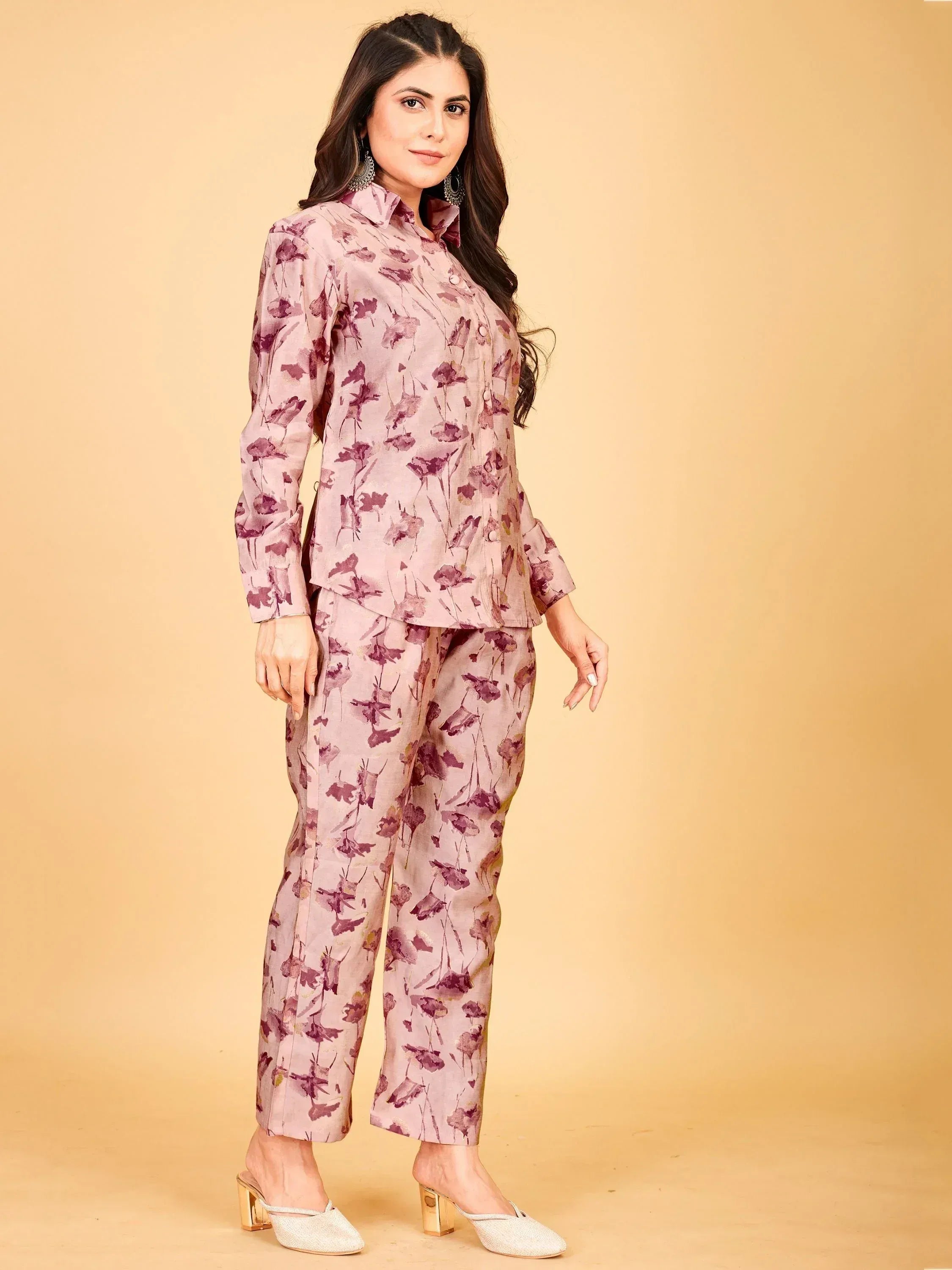 Floral print ethnic pantsuit with button-down top, perfect for Indian occasions and festive wear.