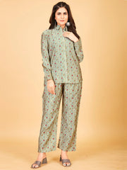 Spectacular Pastel Green Digital Printed Satin Top Pant Co-Ord Set