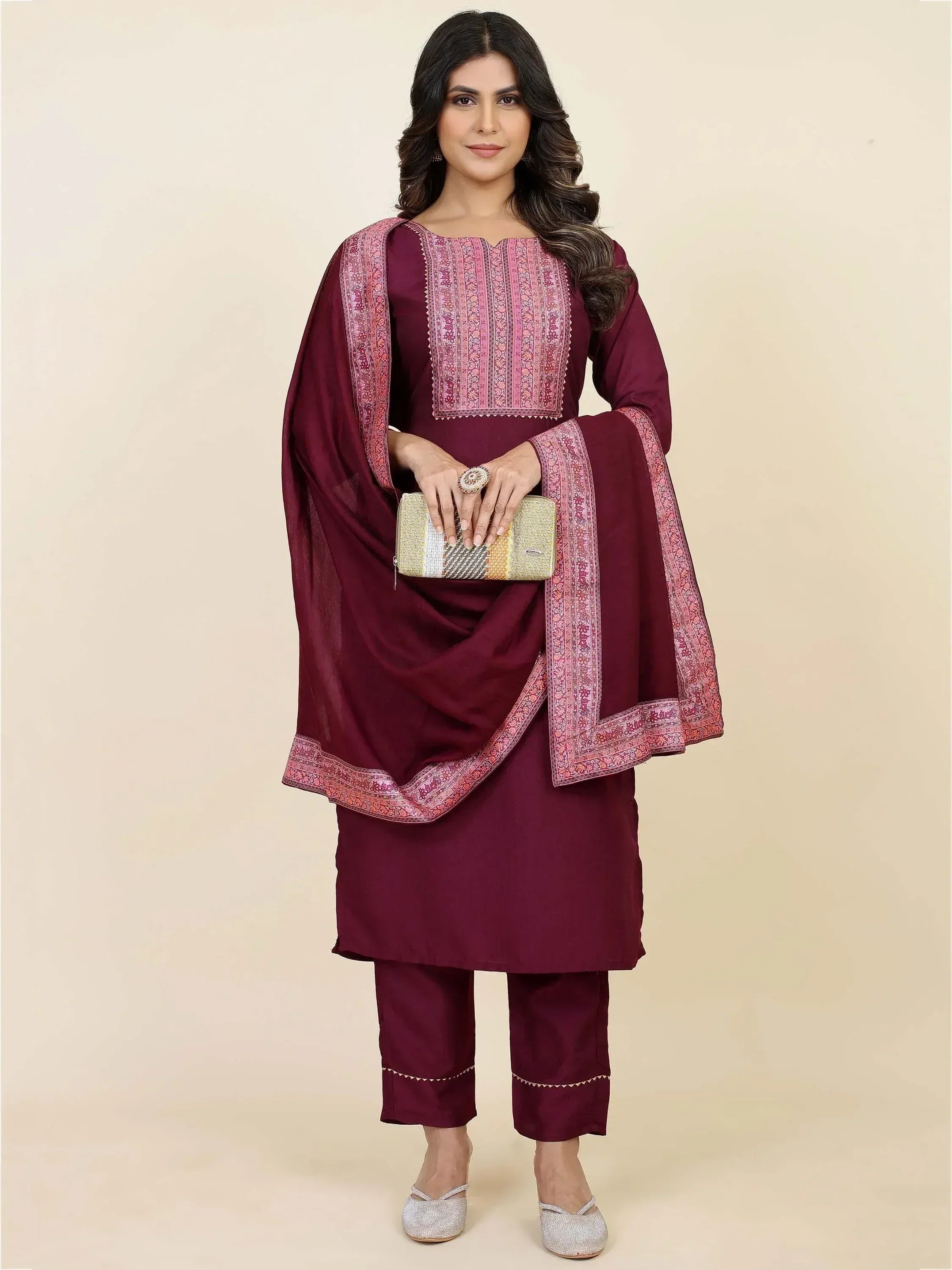 Maroon ethnic salwar kameez with pink embroidery, perfect for Indian wear and festive occasions