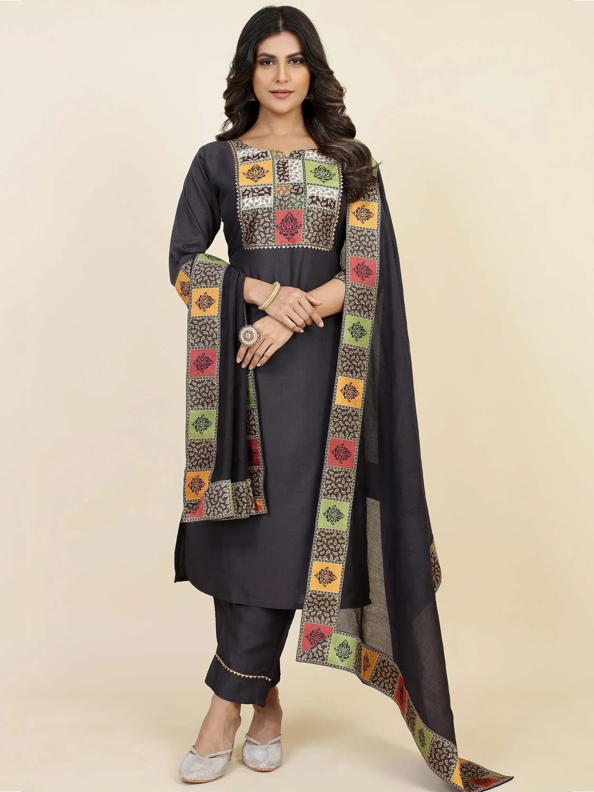 Black printed salwar kameez with colorful patchwork dupatta, ethnic wear for women