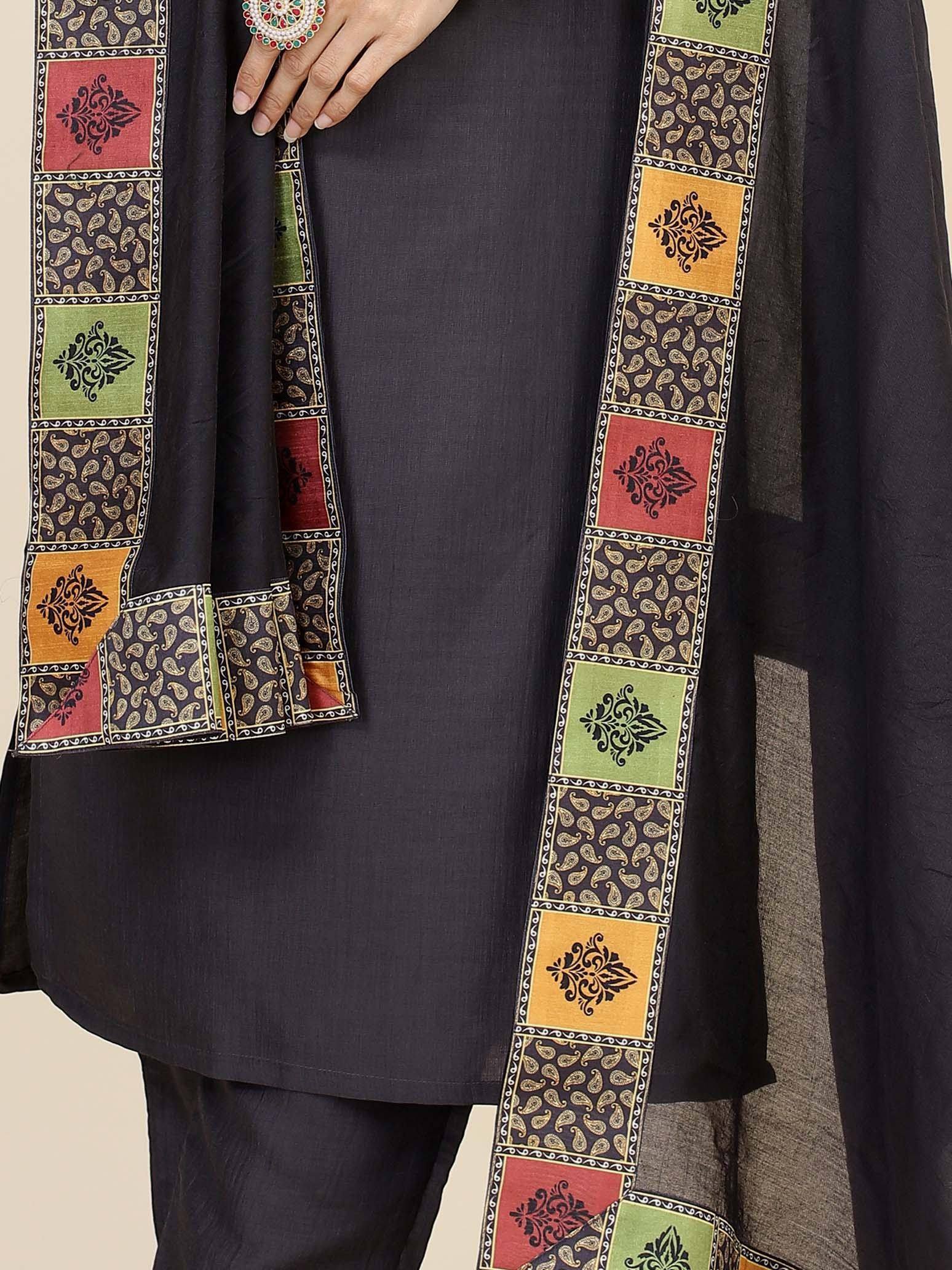 Black ethnic salwar kameez with colorful block print dupatta, paisley and floral motifs, Indian designer wear