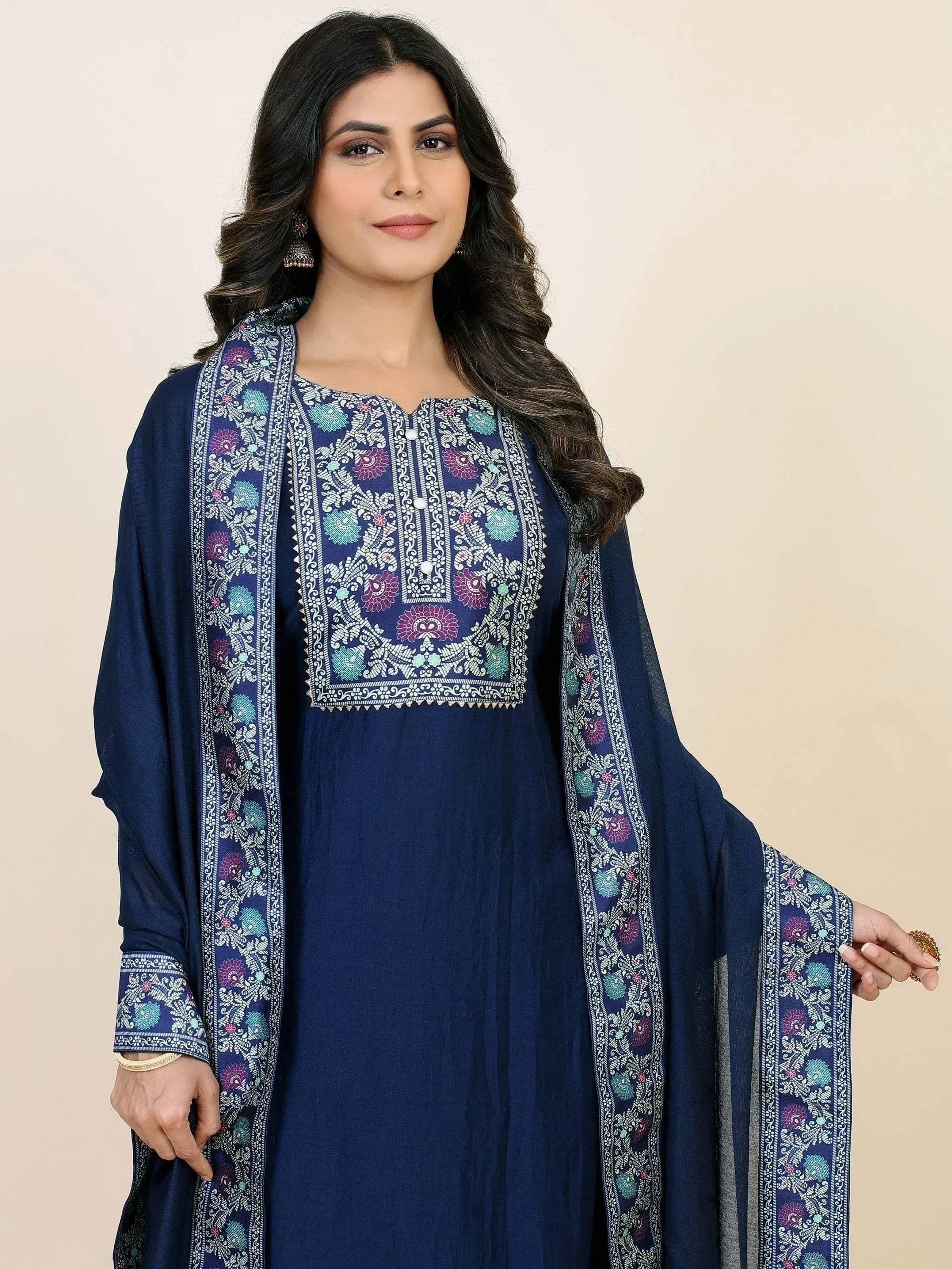 Navy blue embroidered kurta with floral patterns and matching dupatta, perfect for Indian ethnic wear occasions.