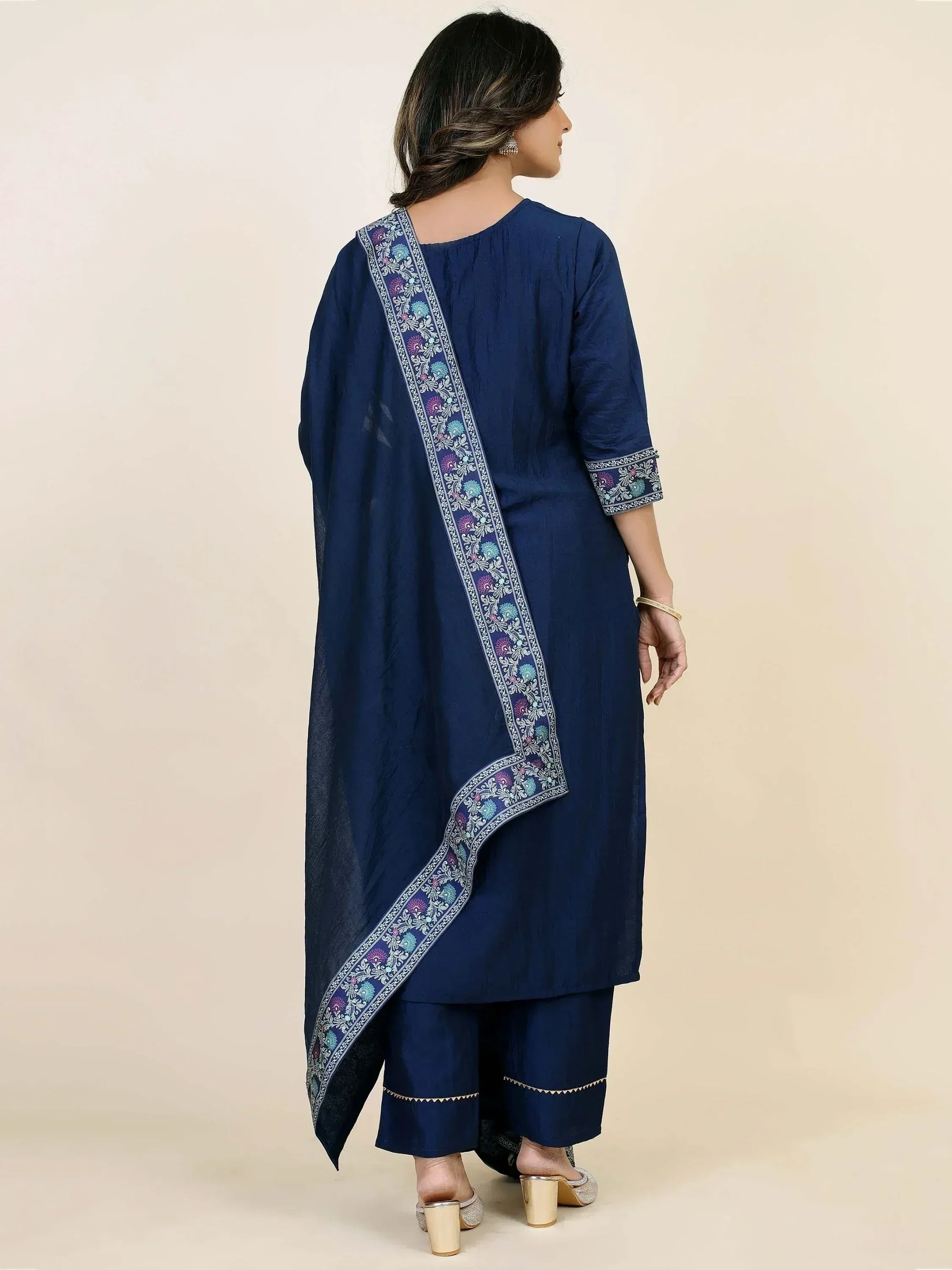 Navy blue embroidered kurta with matching palazzo and dupatta, Indian ethnic wear