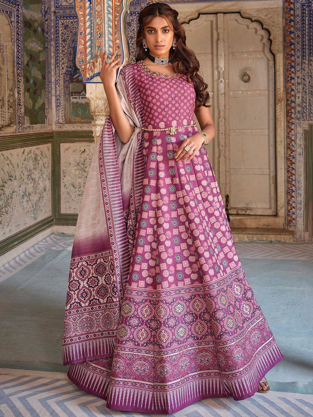Elegant purple printed anarkali suit with dupatta, perfect for Indian ethnic occasions and weddings