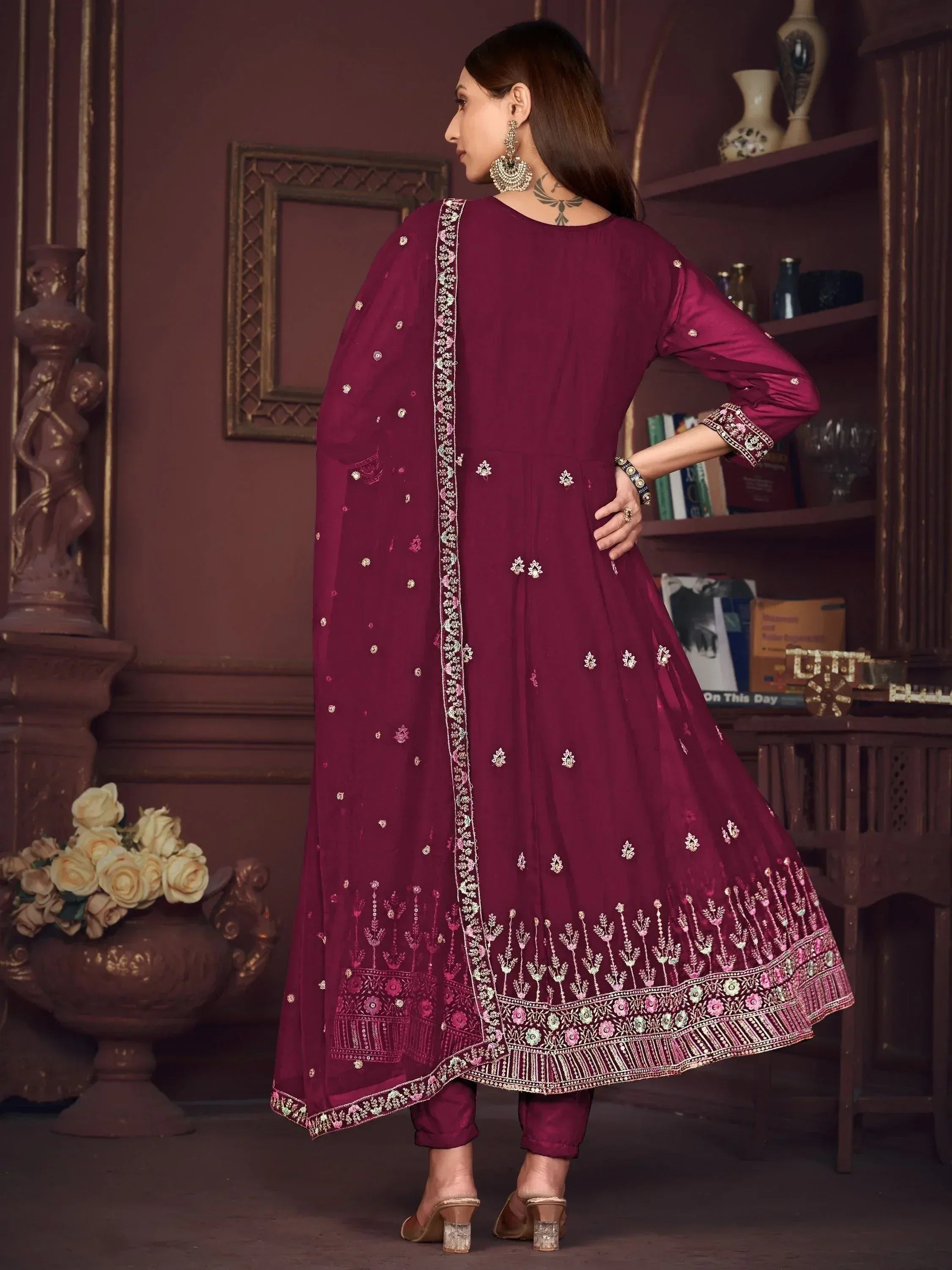 Maroon ethnic anarkali suit with floral embroidery and matching dupatta for women