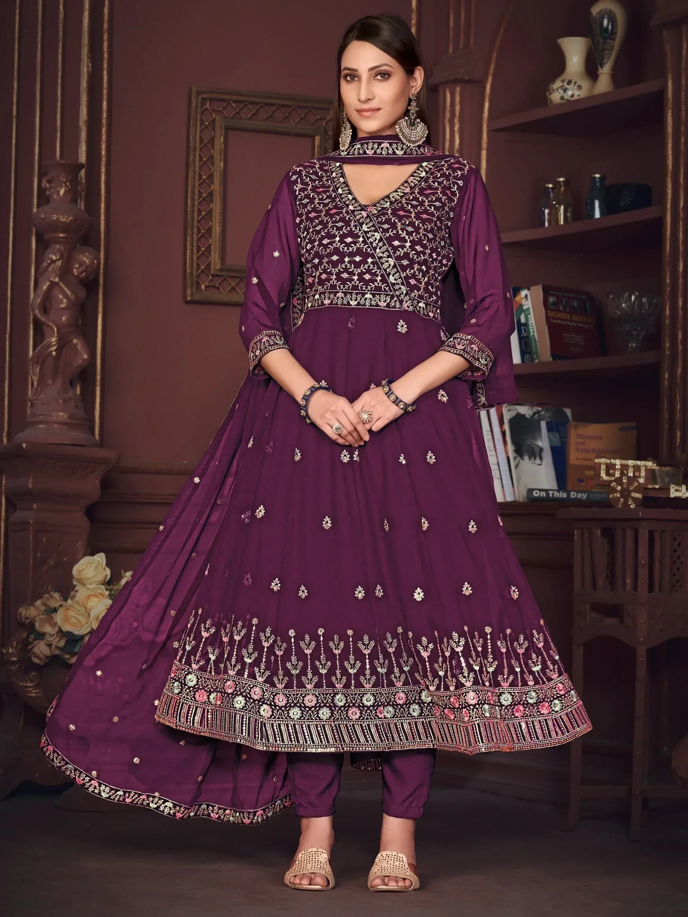 Purple embroidered anarkali suit with floral detailing, perfect for Indian ethnic wear occasions