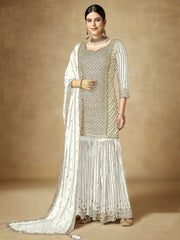 Captivating White Sequins Chinon Sharara Suit With Dupattta