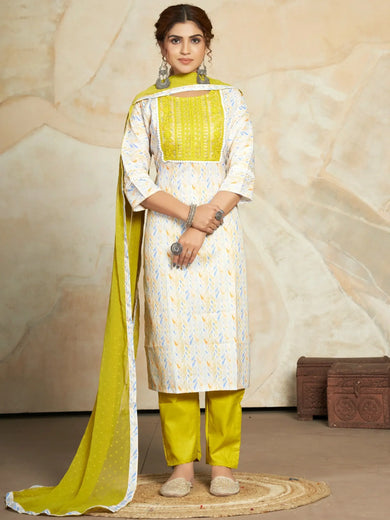 Bewitching White & Yellow Digital Printed Cotton Pant Suit With Dupatta