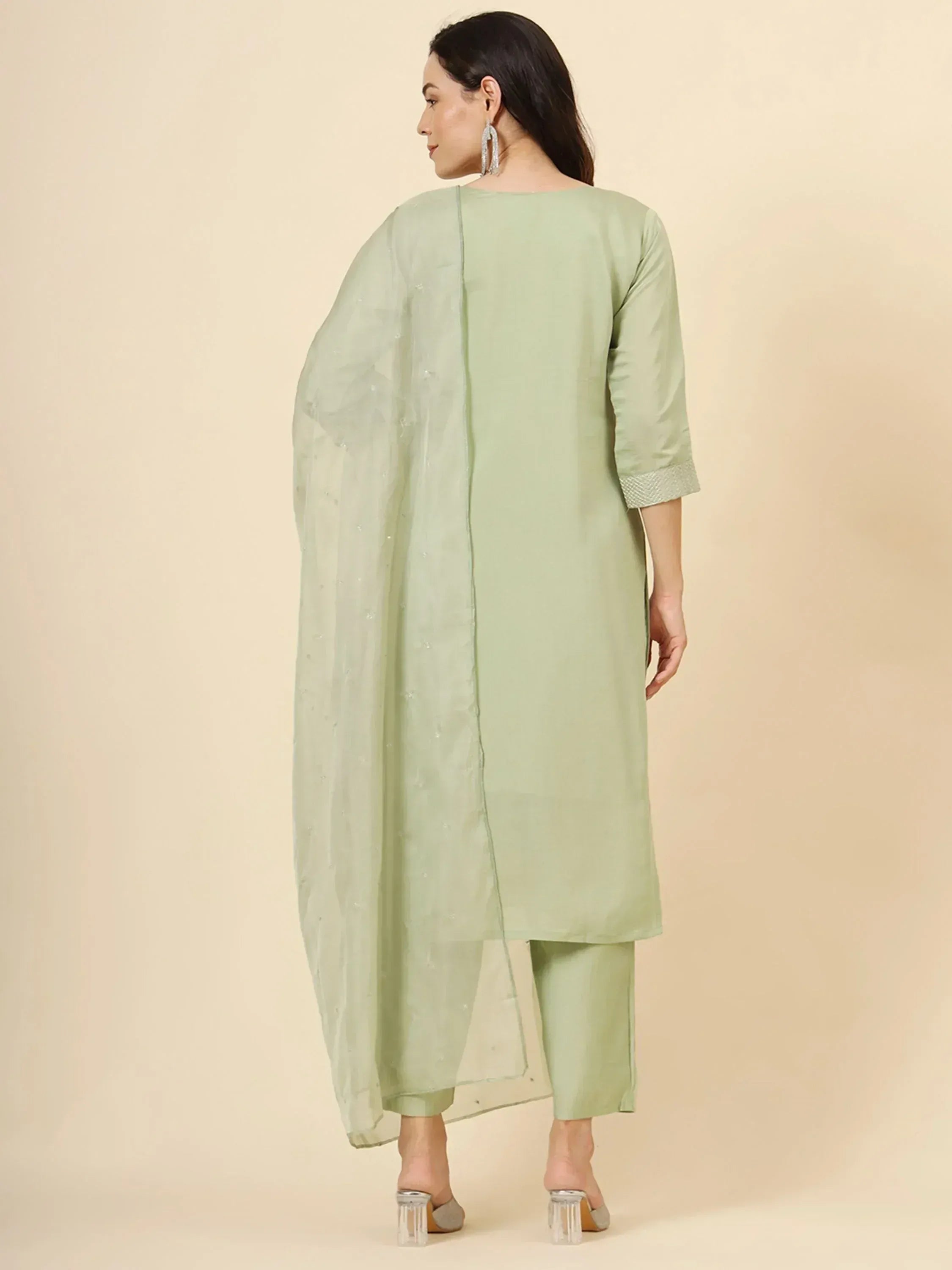 Mint green salwar kameez with sheer embroidered dupatta, ethnic wear for women