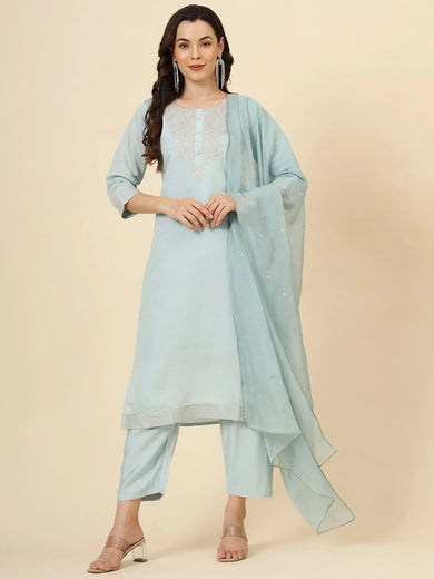 Sensual Light Blue Embroidery Work Muslin Silk Function Wear Pant Suit