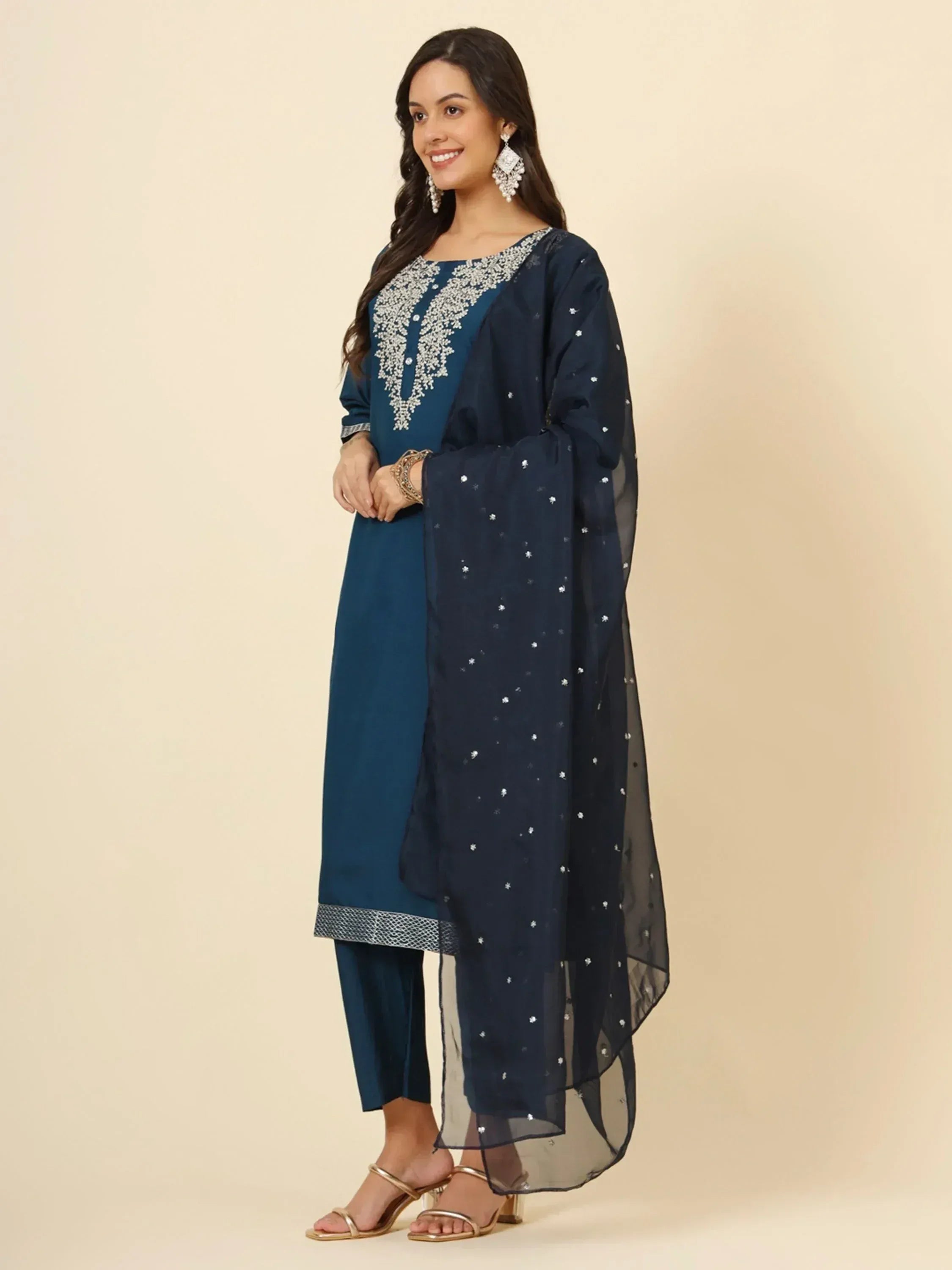 Navy blue embroidered salwar kameez with star-patterned dupatta, Indian ethnic wear