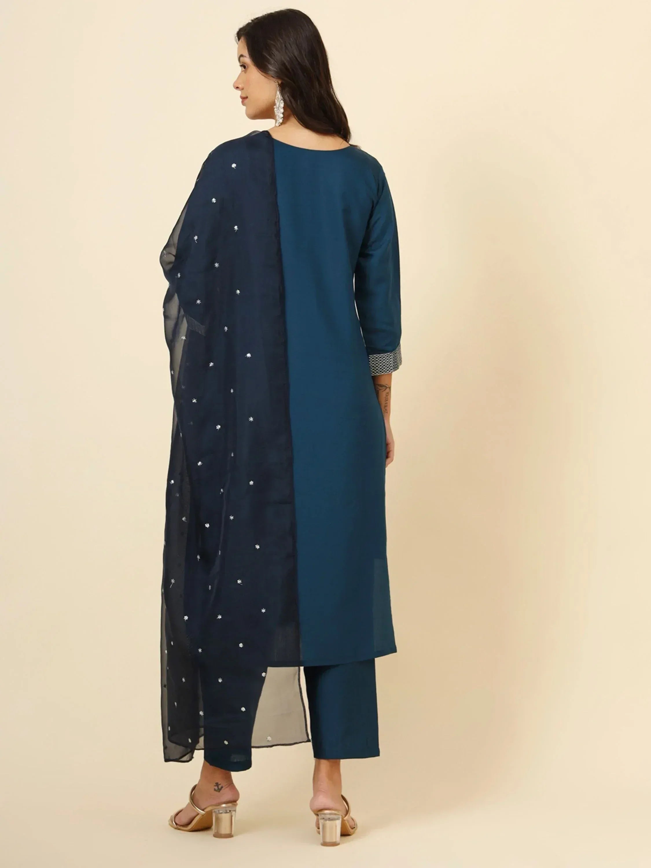 Navy blue ethnic kurta set with star embroidery and matching dupatta for women