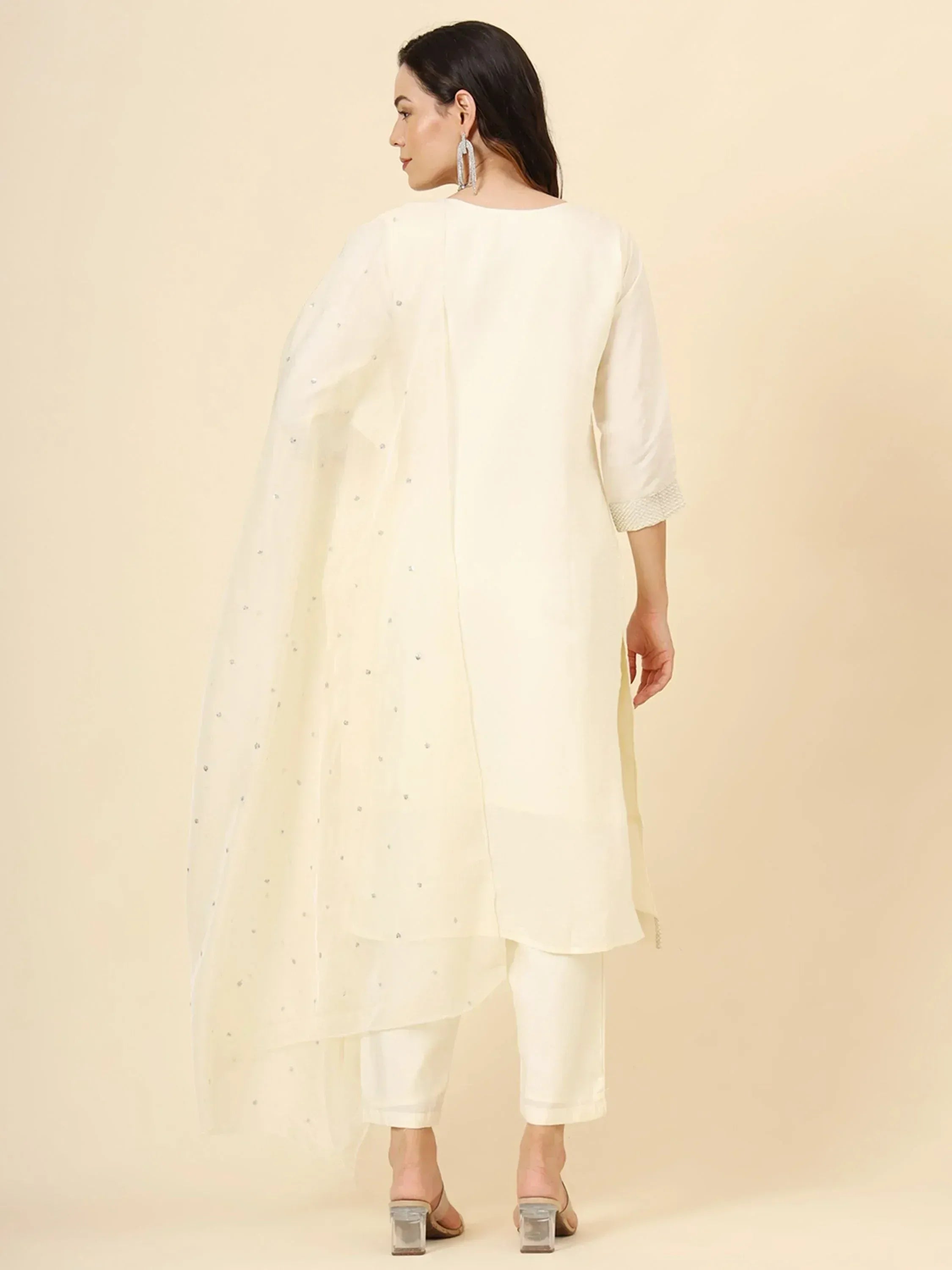 Ivory ethnic kurta set with sheer embellished dupatta, perfect for Indian occasions and festive wear.