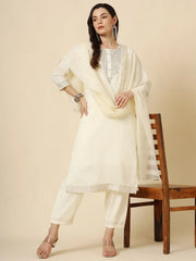 Gorgeous Cream Embroidery Work Muslin Silk Function Wear Pant Suit